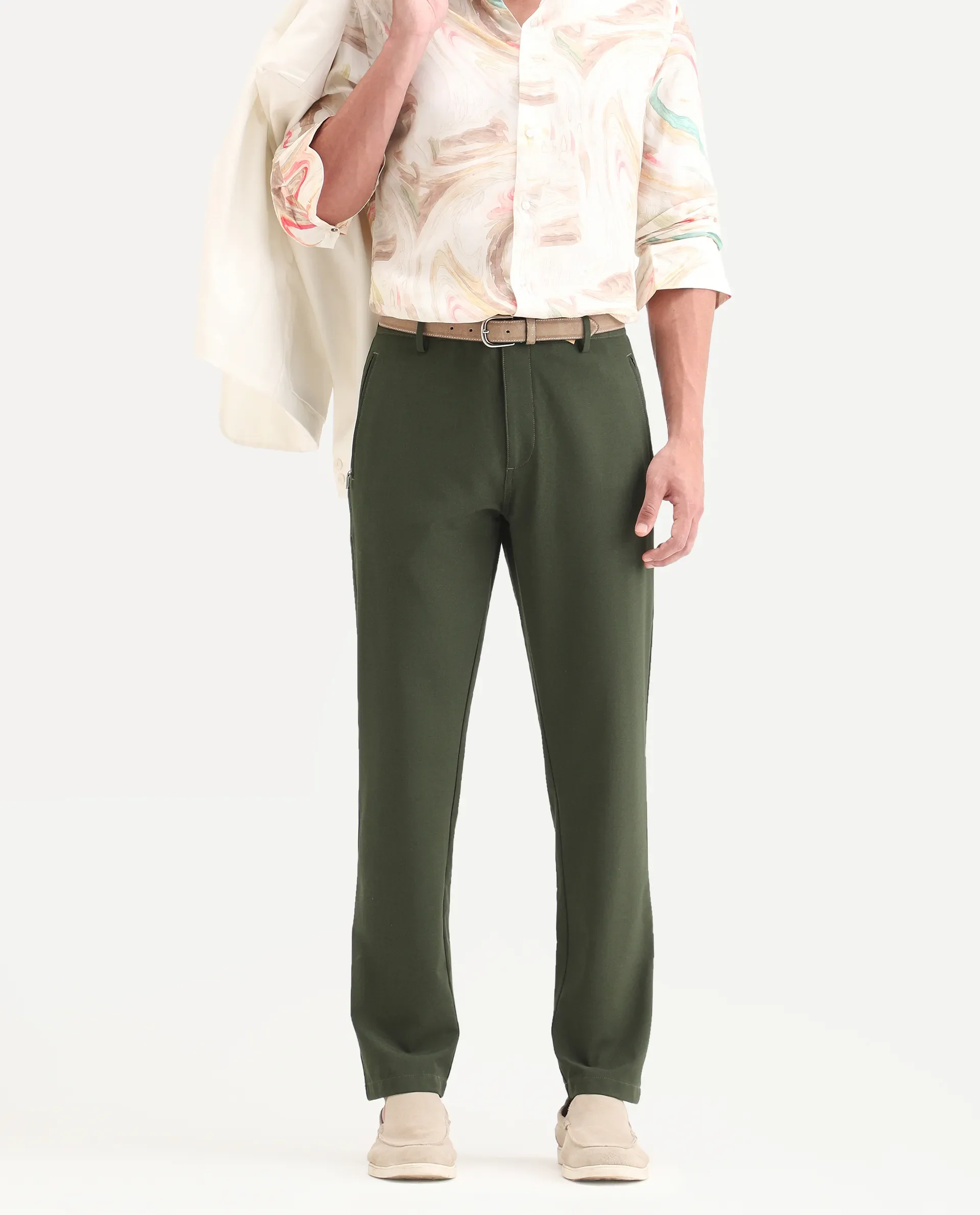 Rare Rabbit Men's Move-Ss26 Dark Olive Polyester Blend Fabric Regular Fit Plain Trouser - Image 2