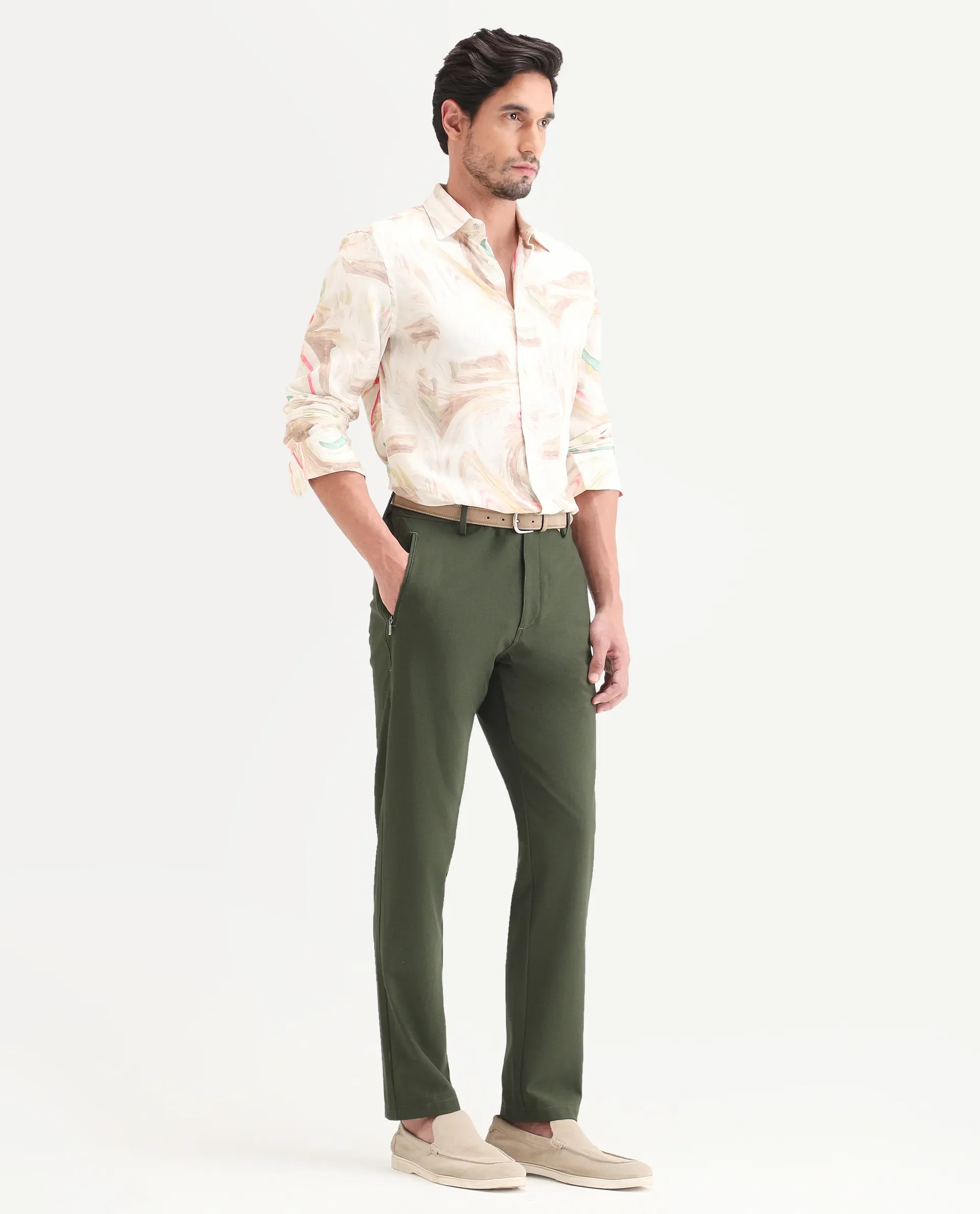 Rare Rabbit Men's Move-Ss26 Dark Olive Polyester Blend Fabric Regular Fit Plain Trouser - Image 6