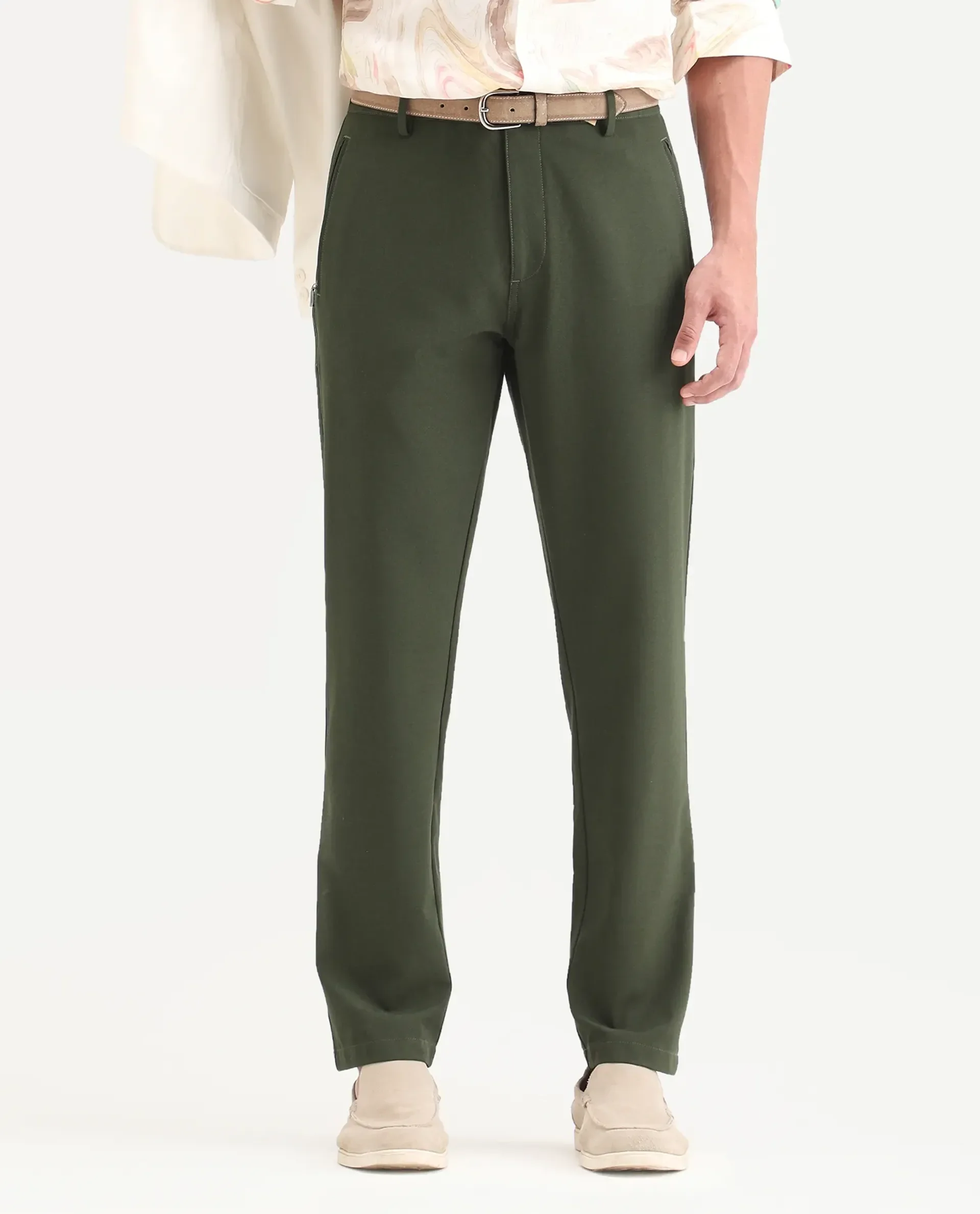 Rare Rabbit Men's Move-Ss26 Dark Olive Polyester Blend Fabric Regular Fit Plain Trouser - Image 9