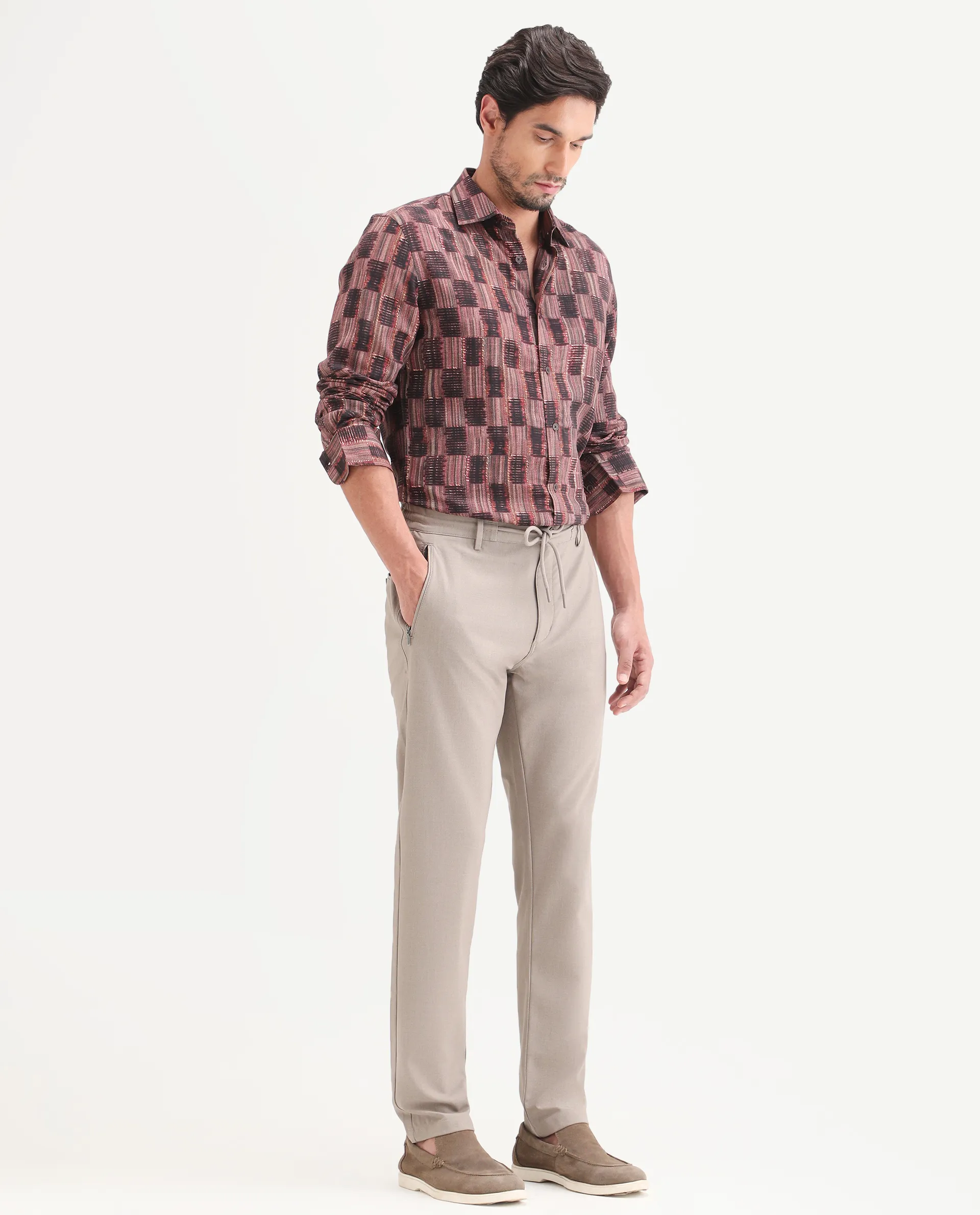 Rare Rabbit Men's Move-Ss26 Light Beige Polyester Blend Fabric Regular Fit Plain Trouser - Image 5