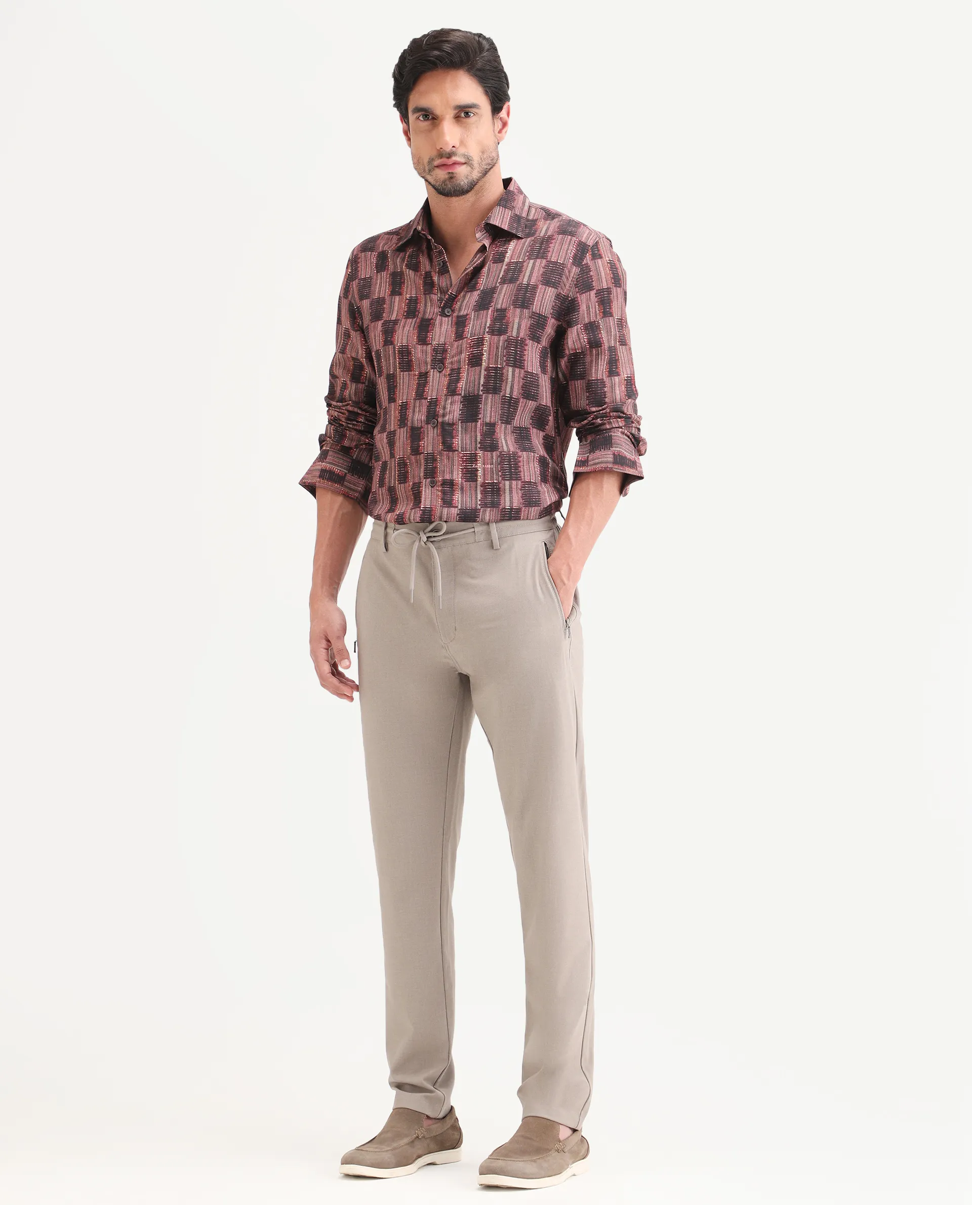 Rare Rabbit Men's Move-Ss26 Light Beige Polyester Blend Fabric Regular Fit Plain Trouser - Image 6