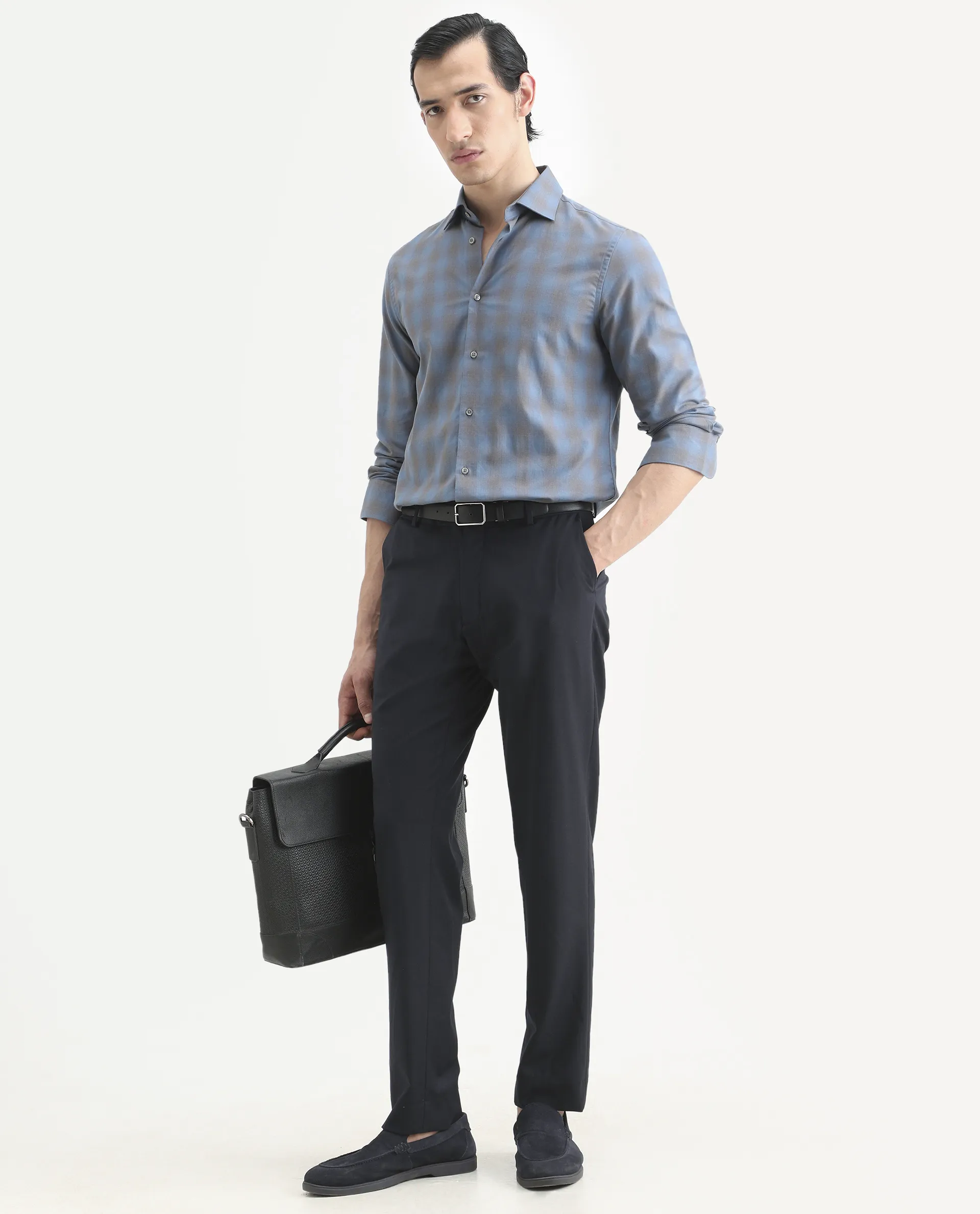 Rare Rabbit Men's Movo Dusky Blue Cotton Blend Checked Print Regular Fit Full Sleeve Collared Shirt - Image 2