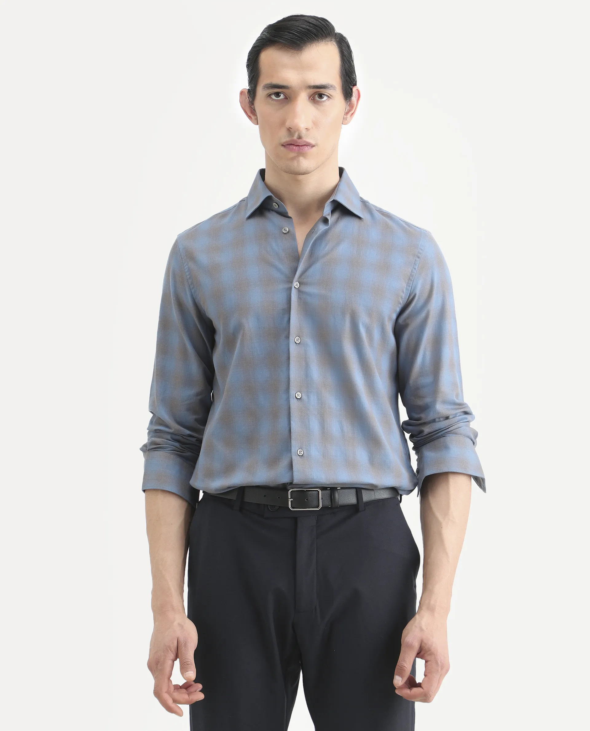 Rare Rabbit Men's Movo Dusky Blue Cotton Blend Checked Print Regular Fit Full Sleeve Collared Shirt - Image 3