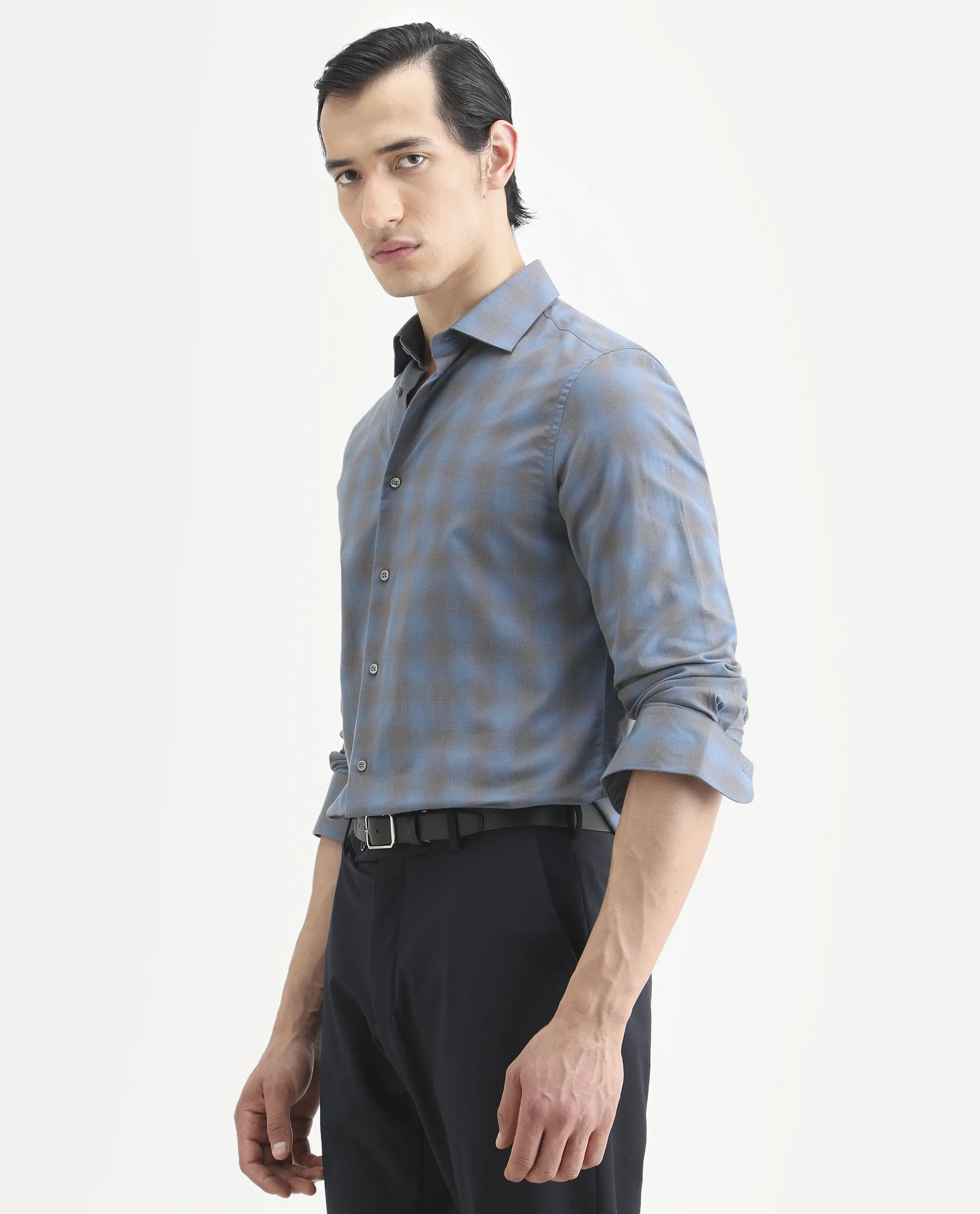 Rare Rabbit Men's Movo Dusky Blue Cotton Blend Checked Print Regular Fit Full Sleeve Collared Shirt - Image 6