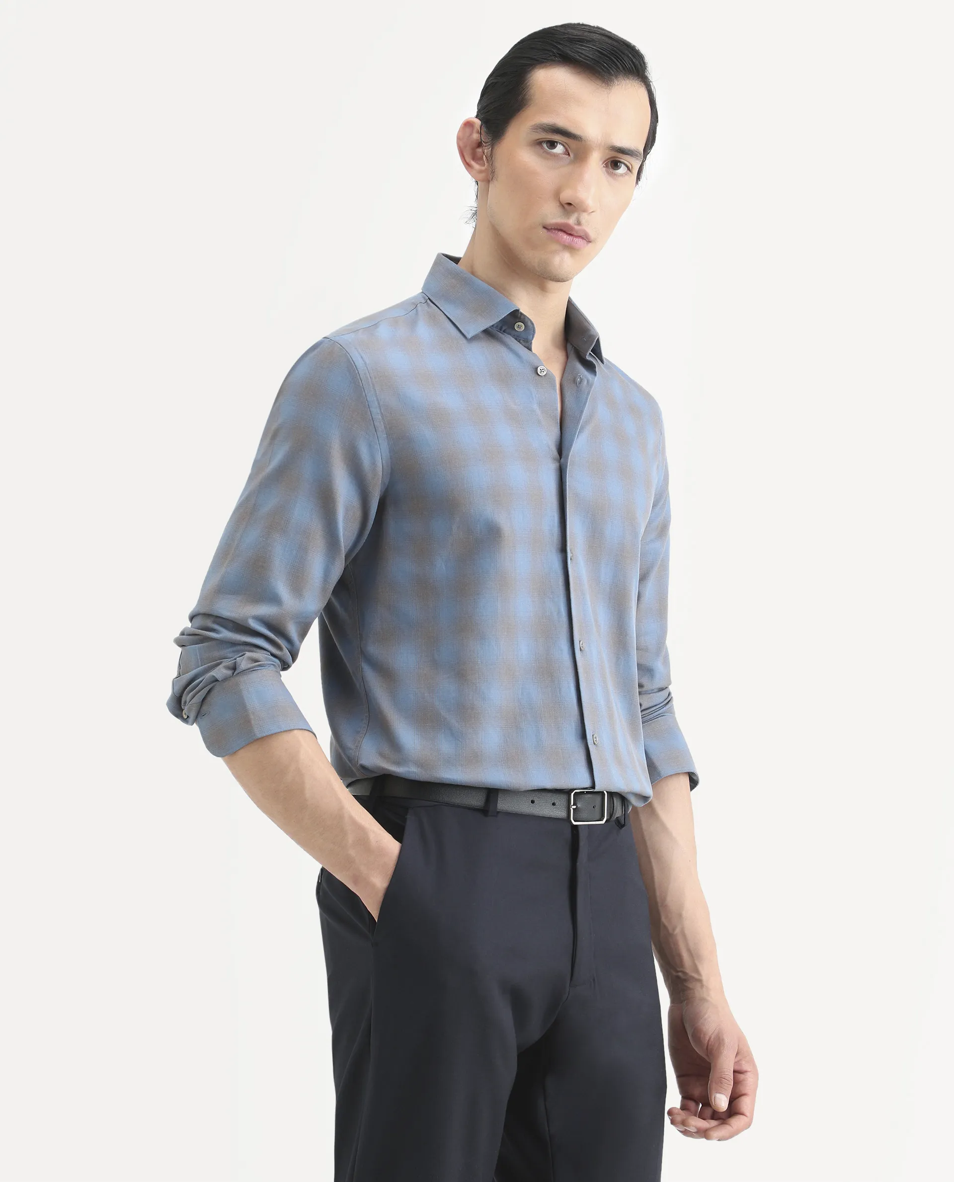 Rare Rabbit Men's Movo Dusky Blue Cotton Blend Checked Print Regular Fit Full Sleeve Collared Shirt - Image 7
