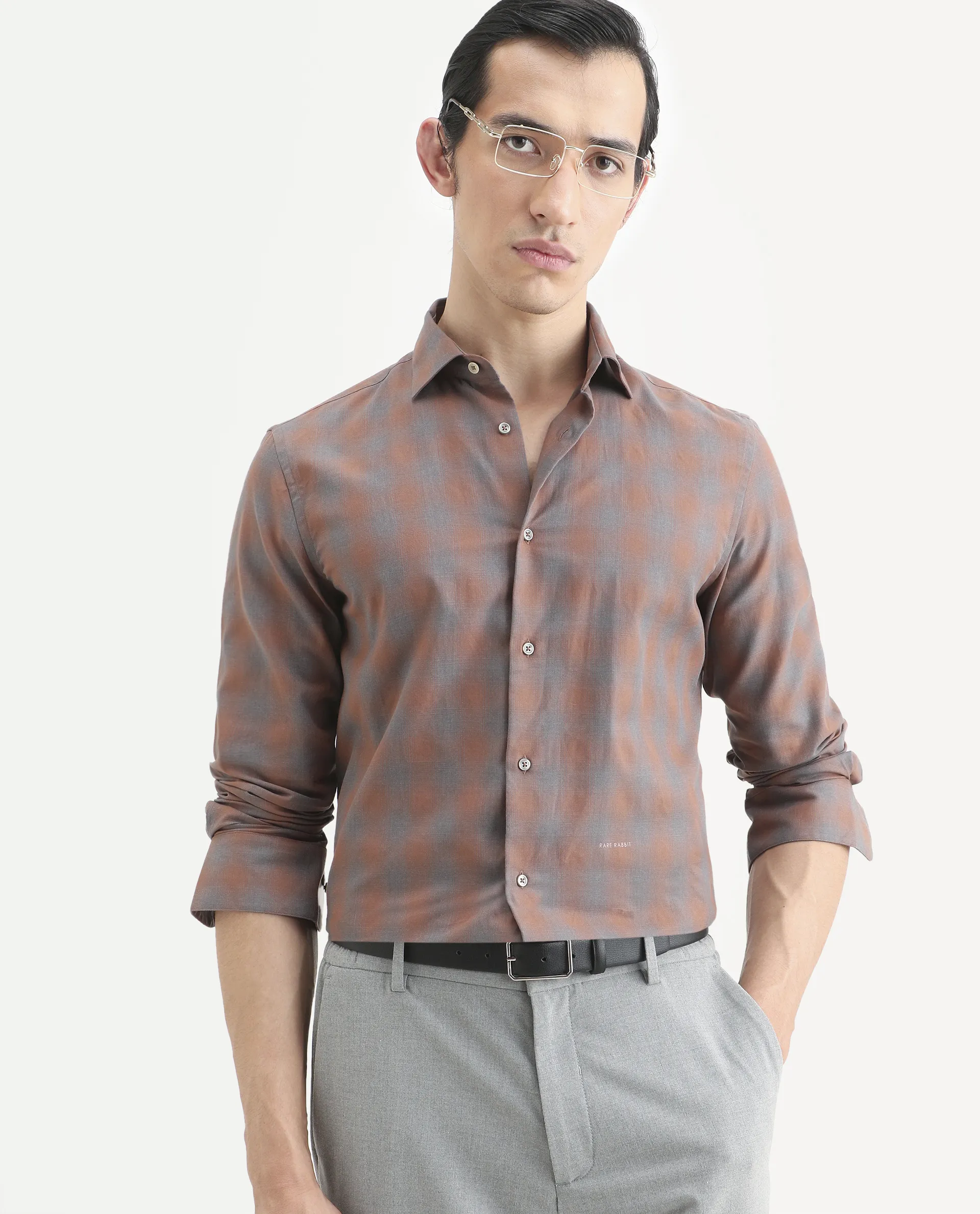 Rare Rabbit Men's Movo Dusky Rust Cotton Blend Checked Print Regular Fit Full Sleeve Collared Shirt