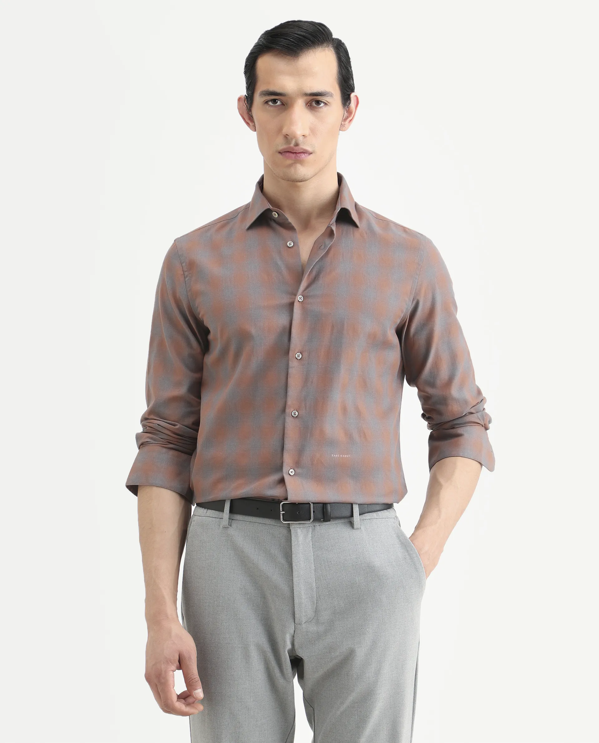 Rare Rabbit Men's Movo Dusky Rust Cotton Blend Checked Print Regular Fit Full Sleeve Collared Shirt - Image 3