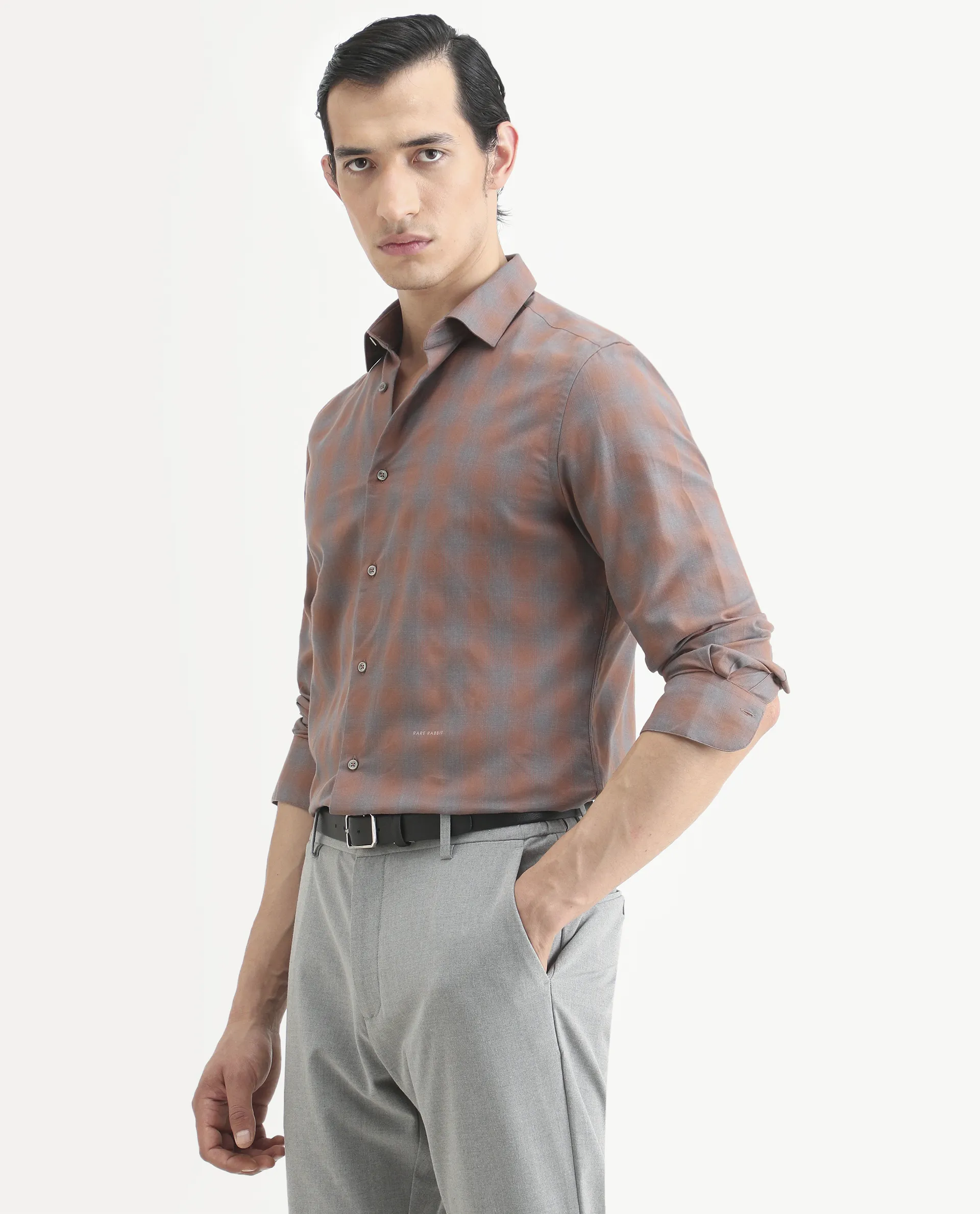 Rare Rabbit Men's Movo Dusky Rust Cotton Blend Checked Print Regular Fit Full Sleeve Collared Shirt - Image 6