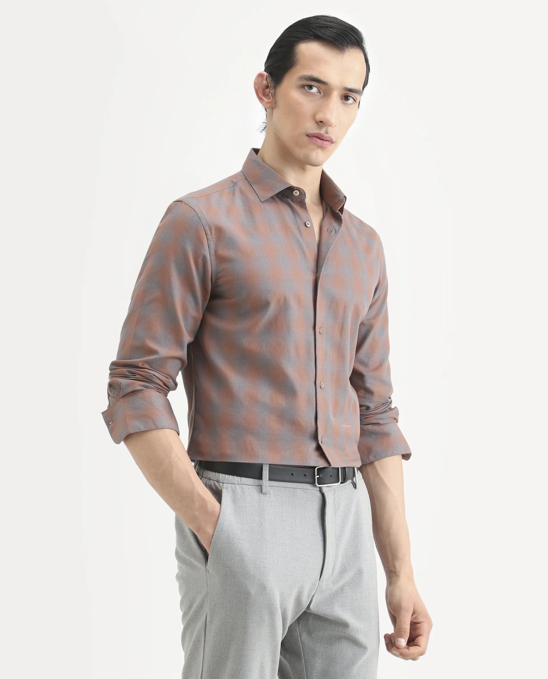 Rare Rabbit Men's Movo Dusky Rust Cotton Blend Checked Print Regular Fit Full Sleeve Collared Shirt - Image 7