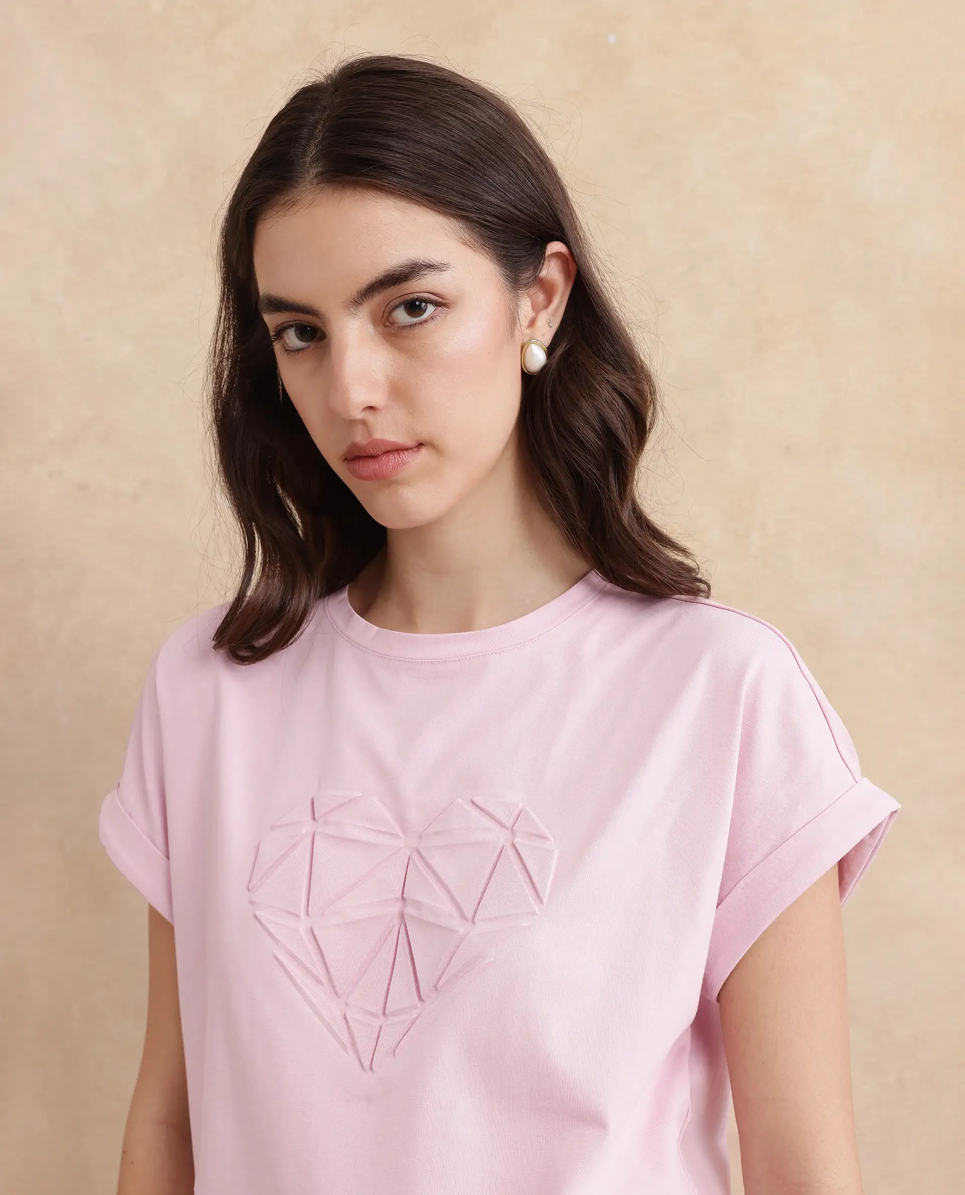Rareism Women's Moxie Light Pink Cotton Blend Crew Neck Graphic Print Extended Sleeves Relaxed Fit T-Shirt - Image 2