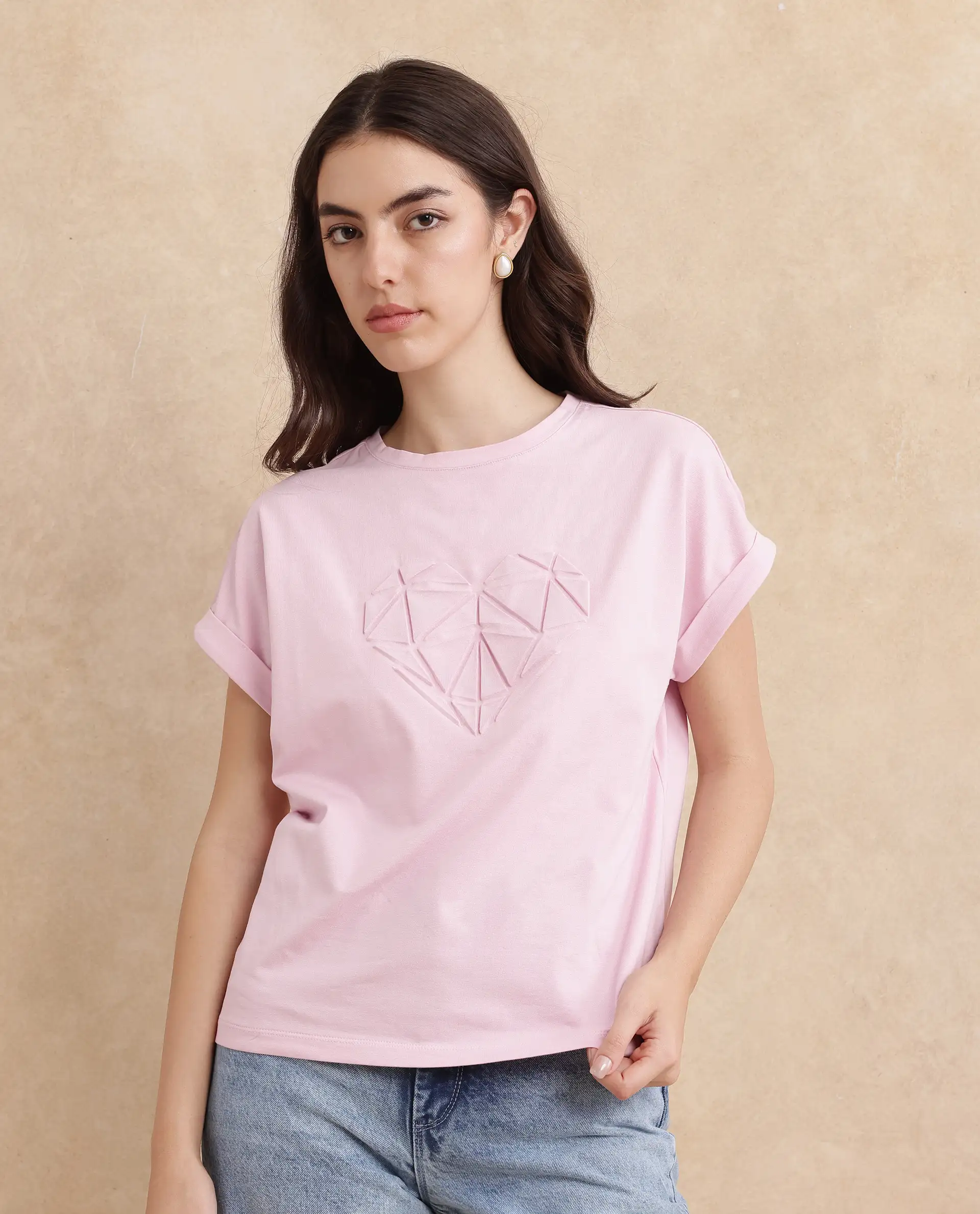 Rareism Women's Moxie Light Pink Cotton Blend Crew Neck Graphic Print Extended Sleeves Relaxed Fit T-Shirt - Image 3