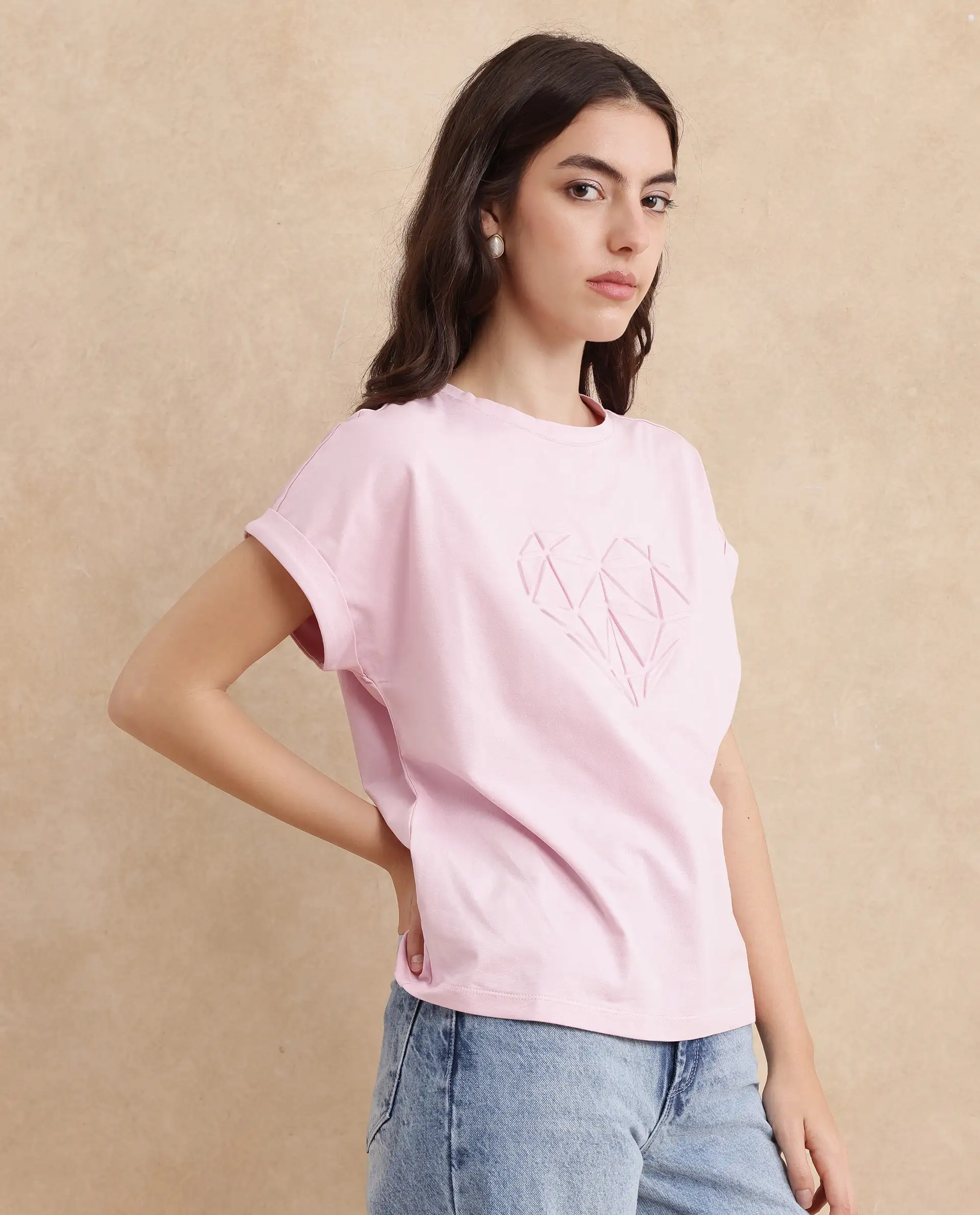 Rareism Women's Moxie Light Pink Cotton Blend Crew Neck Graphic Print Extended Sleeves Relaxed Fit T-Shirt - Image 4