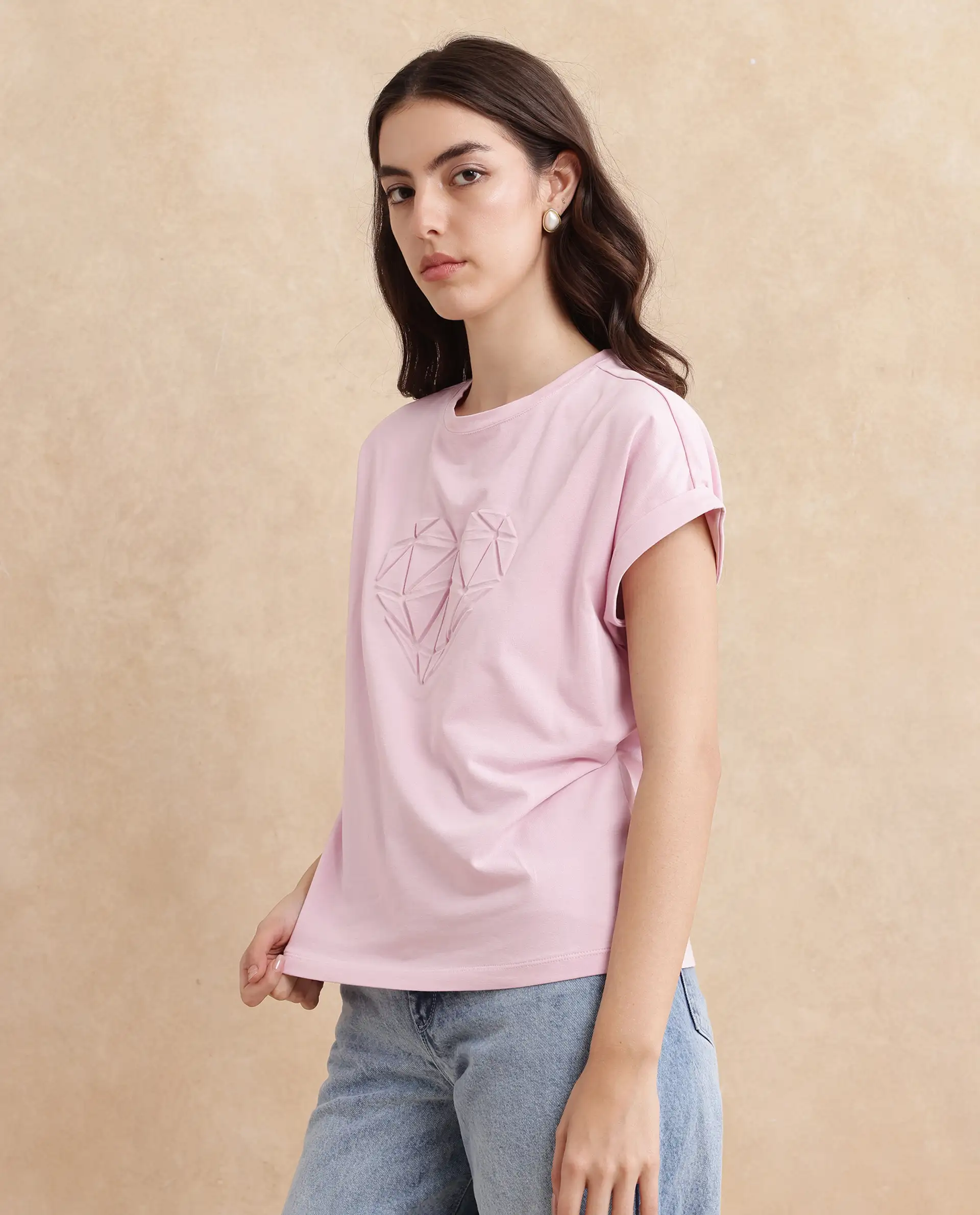 Rareism Women's Moxie Light Pink Cotton Blend Crew Neck Graphic Print Extended Sleeves Relaxed Fit T-Shirt - Image 5