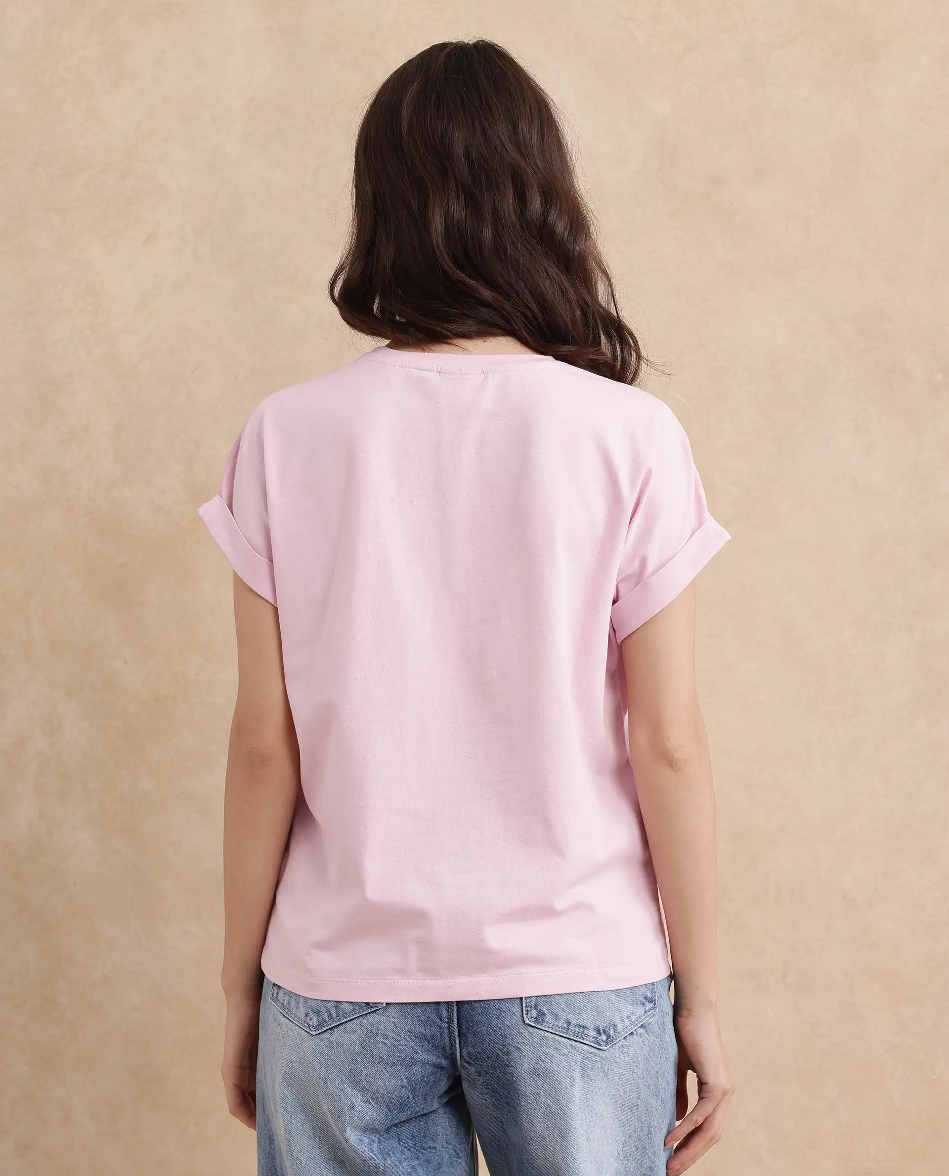 Rareism Women's Moxie Light Pink Cotton Blend Crew Neck Graphic Print Extended Sleeves Relaxed Fit T-Shirt - Image 6