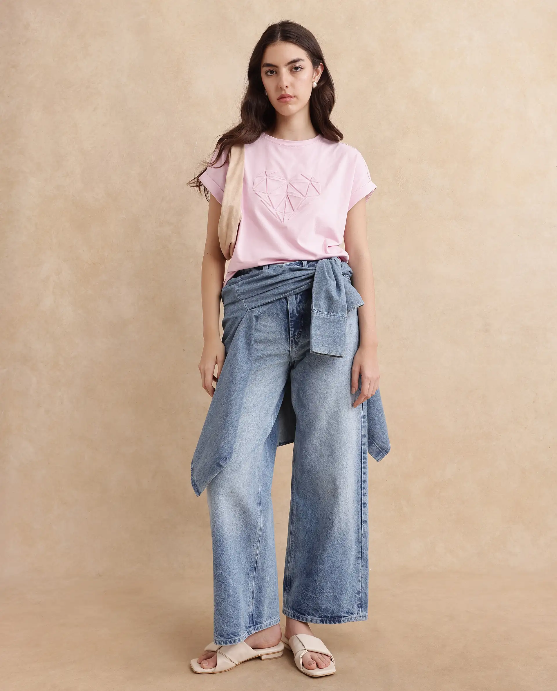 Rareism Women's Moxie Light Pink Cotton Blend Crew Neck Graphic Print Extended Sleeves Relaxed Fit T-Shirt - Image 7