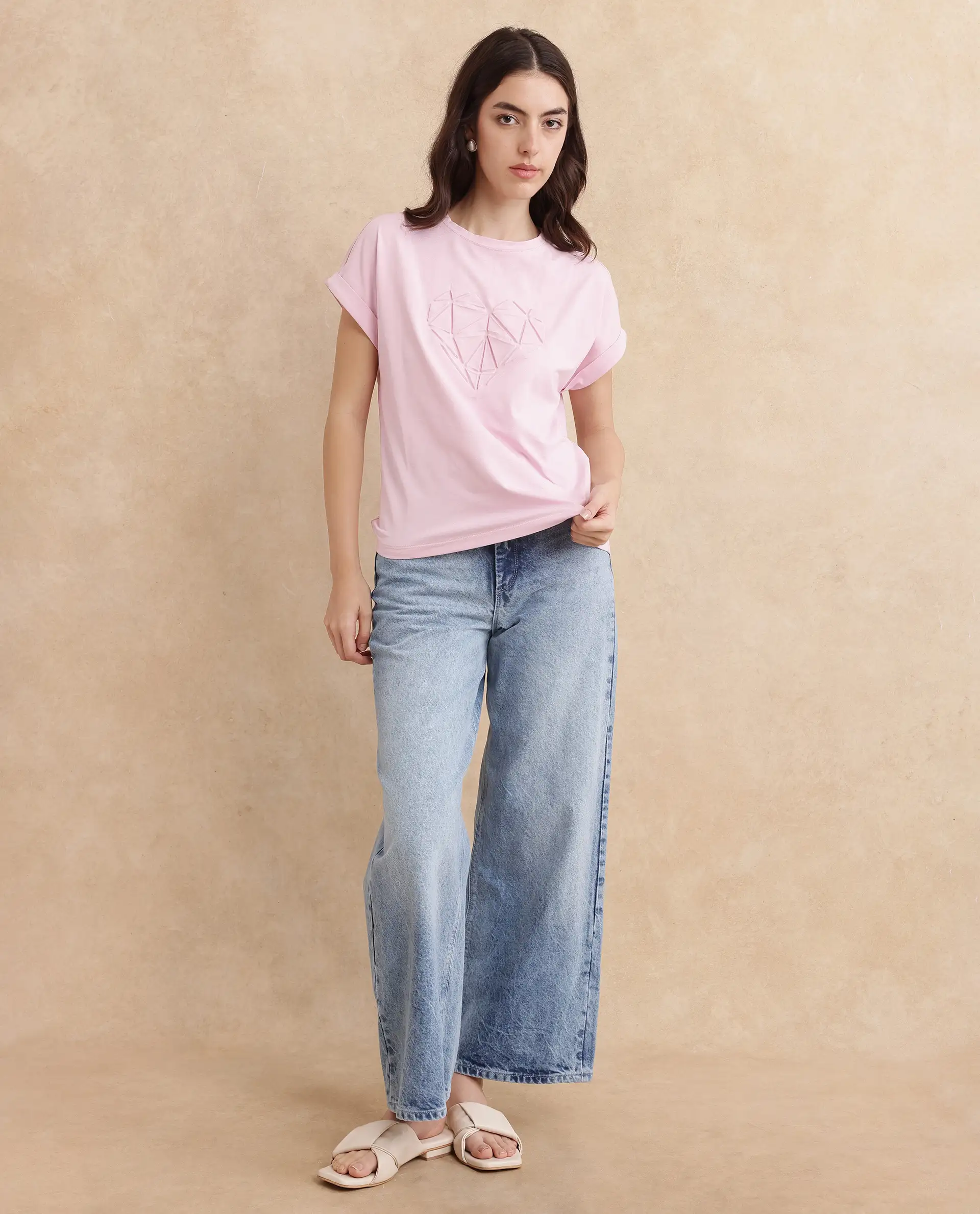 Rareism Women's Moxie Light Pink Cotton Blend Crew Neck Graphic Print Extended Sleeves Relaxed Fit T-Shirt - Image 8