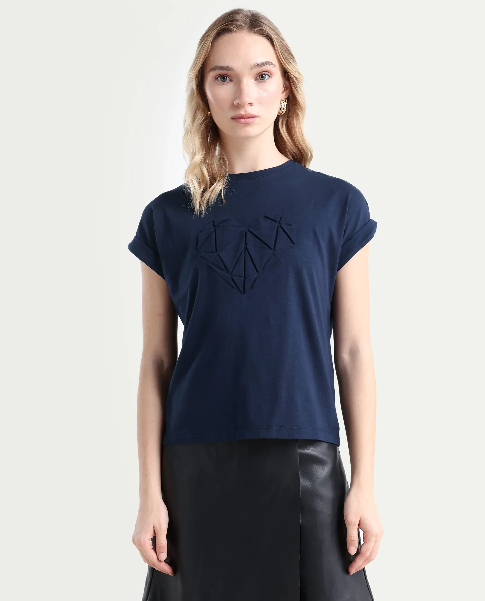 Rareism Women's Moxie Navy Cotton Blend Crew Neck Graphic Print Extended Sleeves Relaxed Fit T-Shirt - Image 2