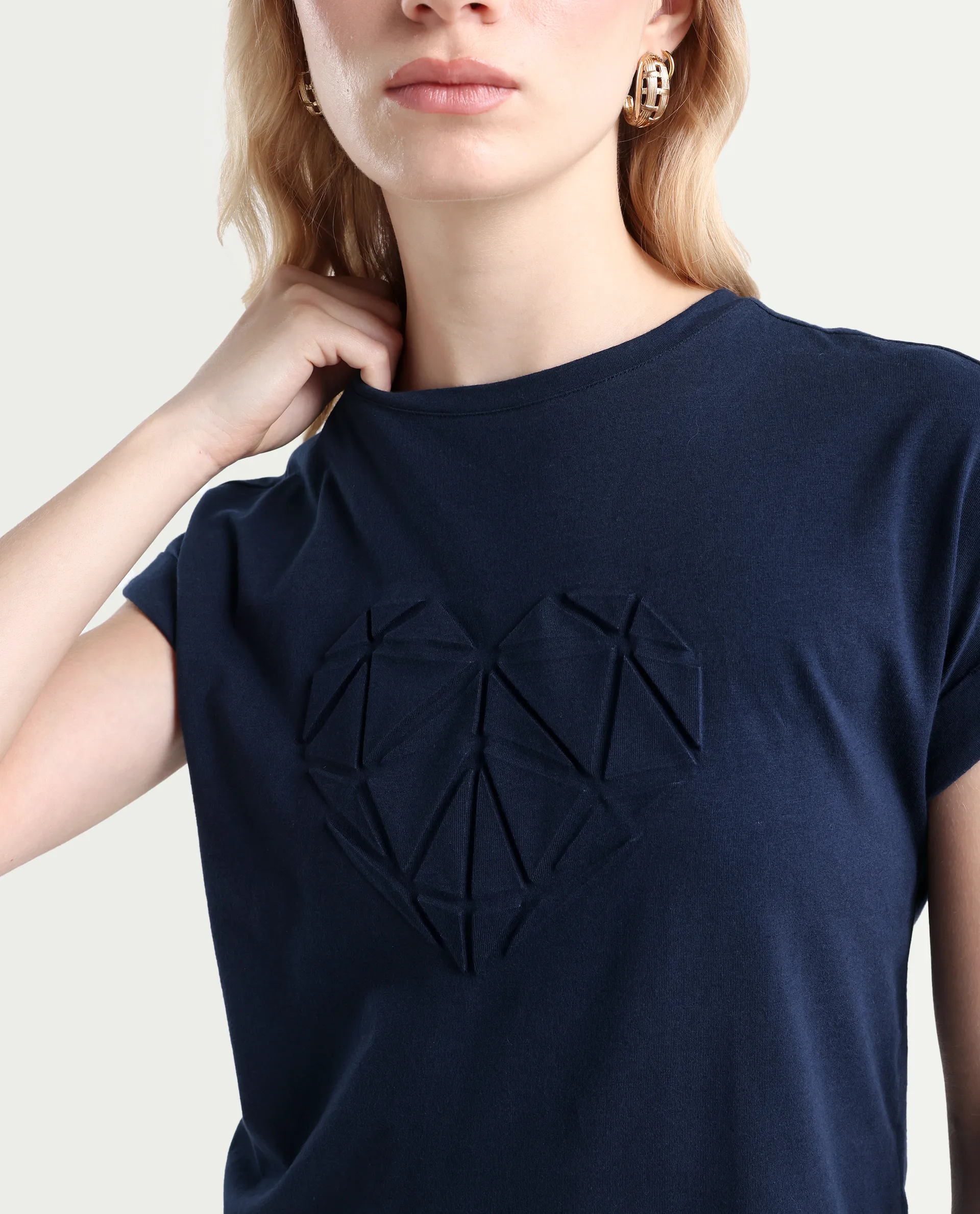 Rareism Women's Moxie Navy Cotton Blend Crew Neck Graphic Print Extended Sleeves Relaxed Fit T-Shirt - Image 4