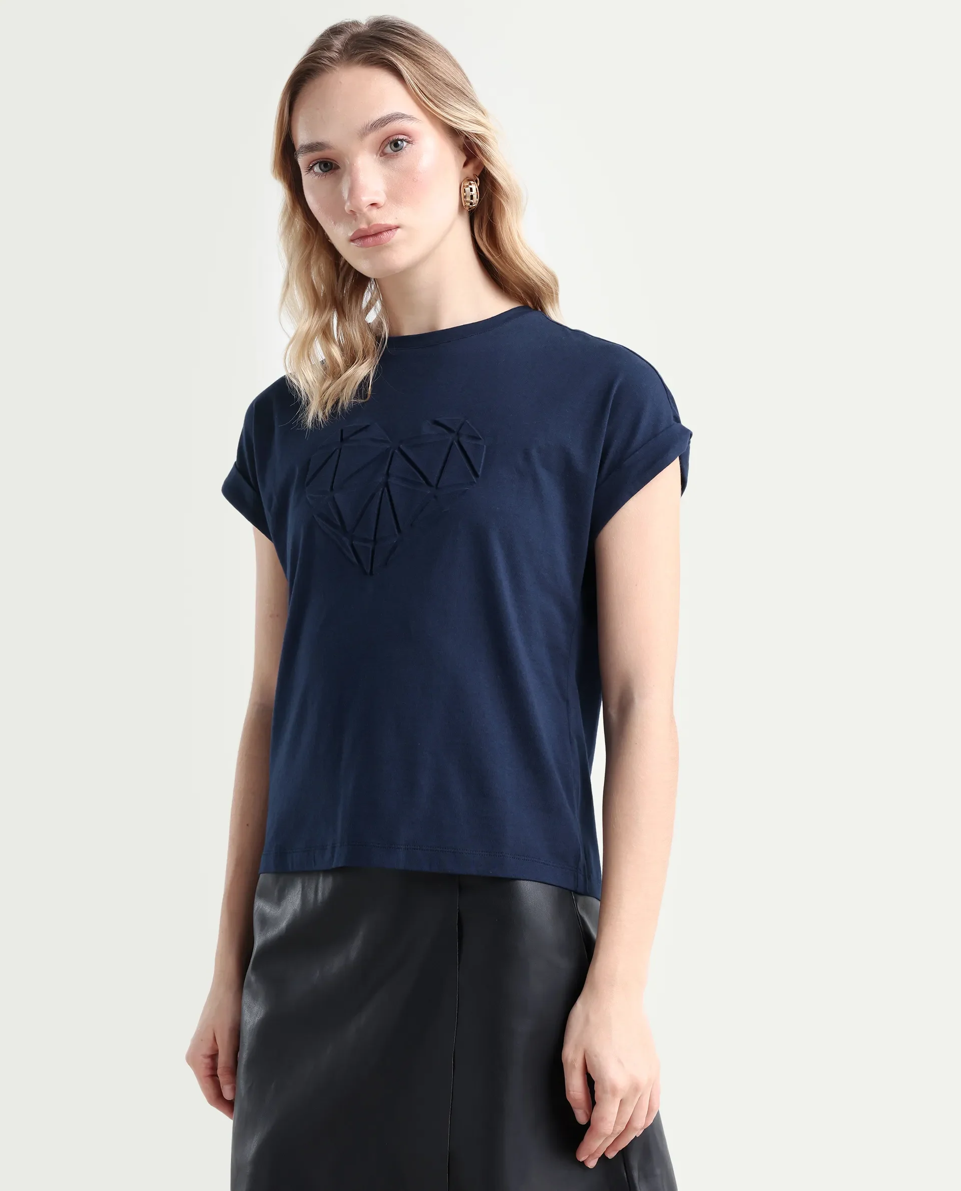 Rareism Women's Moxie Navy Cotton Blend Crew Neck Graphic Print Extended Sleeves Relaxed Fit T-Shirt - Image 5