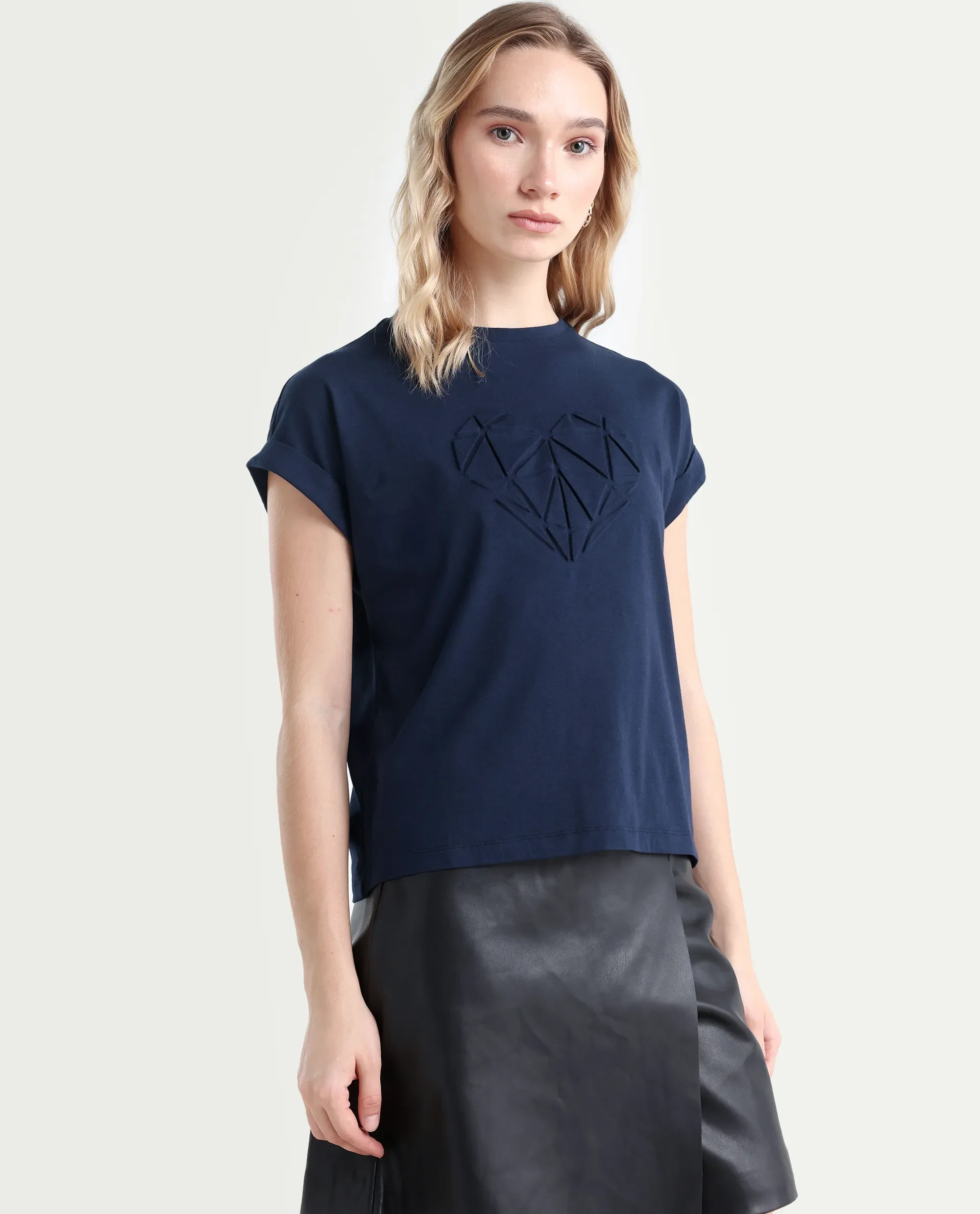 Rareism Women's Moxie Navy Cotton Blend Crew Neck Graphic Print Extended Sleeves Relaxed Fit T-Shirt - Image 6