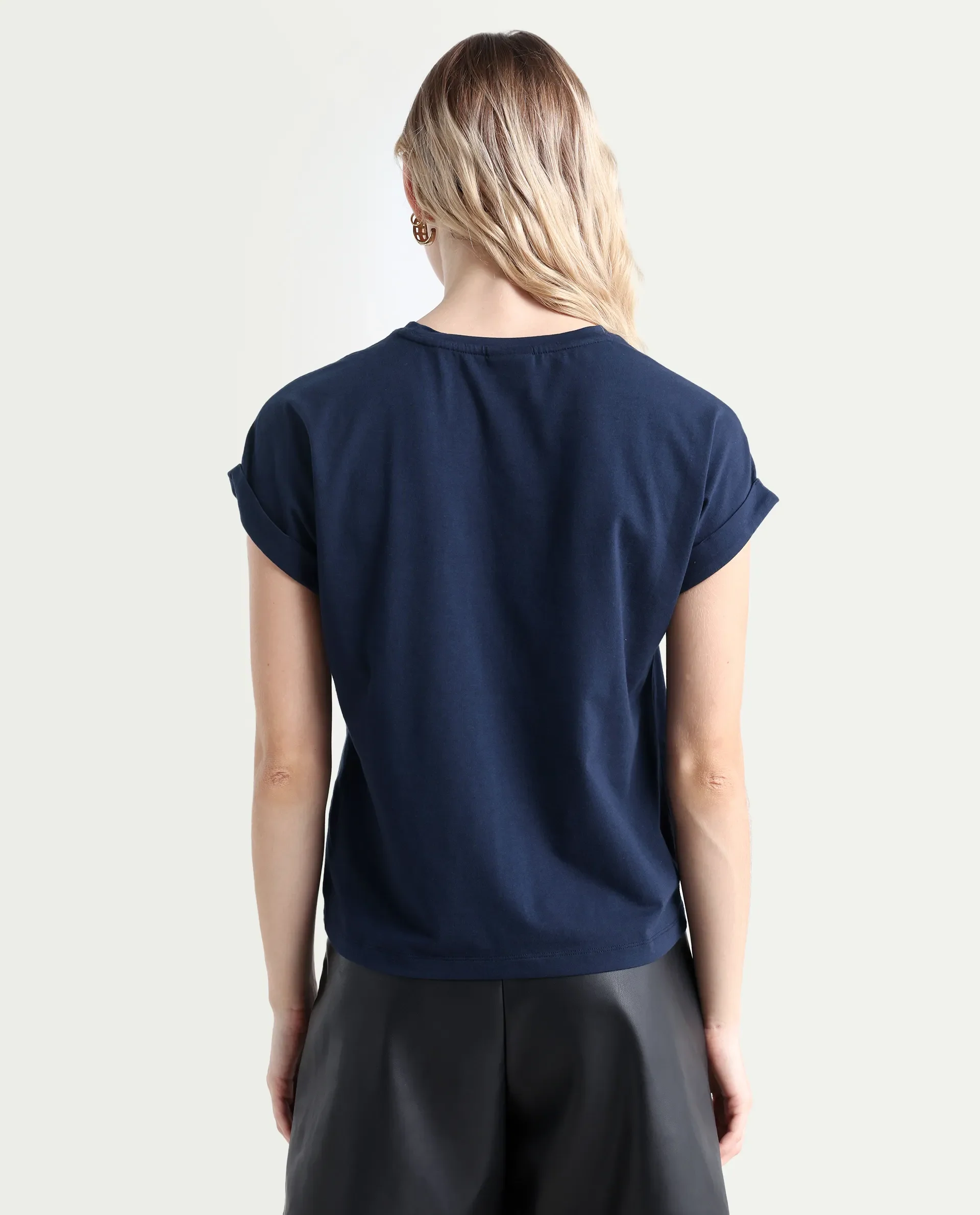 Rareism Women's Moxie Navy Cotton Blend Crew Neck Graphic Print Extended Sleeves Relaxed Fit T-Shirt - Image 7