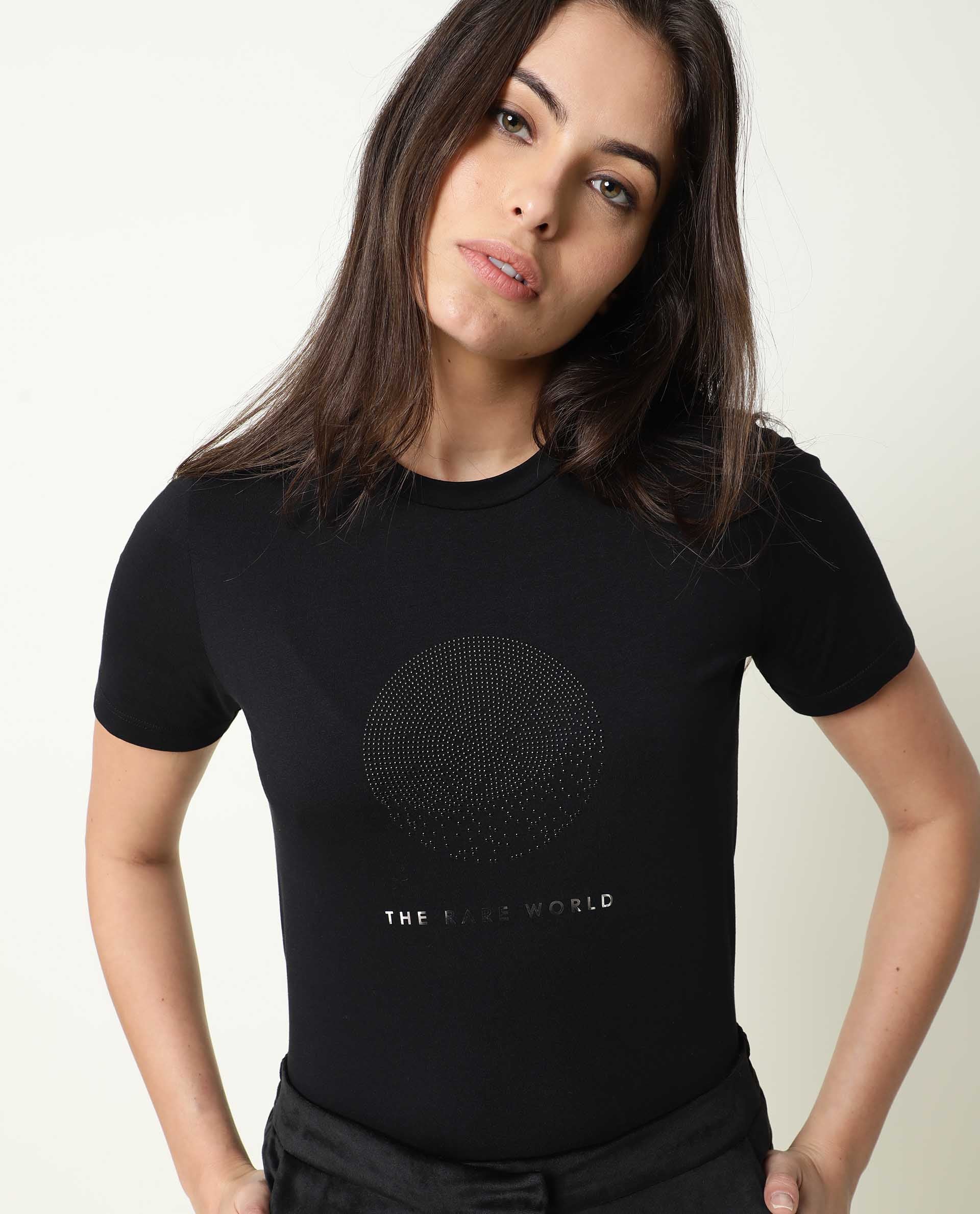 Rareism Womens Moya Black T-Shirt Cotton Fabric Regular Fit Half Sleeve Crew Neck