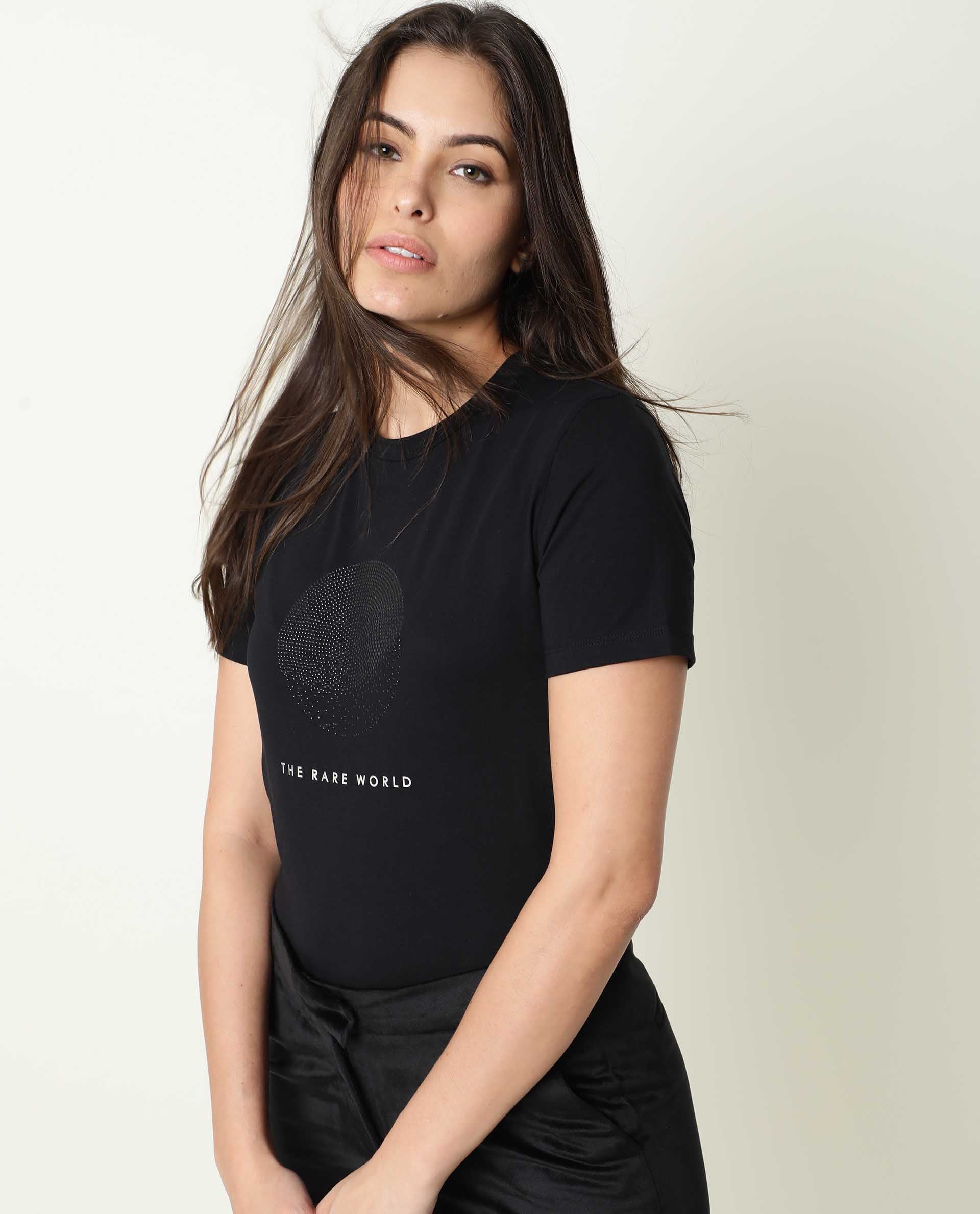 Rareism Womens Moya Black T-Shirt Cotton Fabric Regular Fit Half Sleeve Crew Neck - Image 4