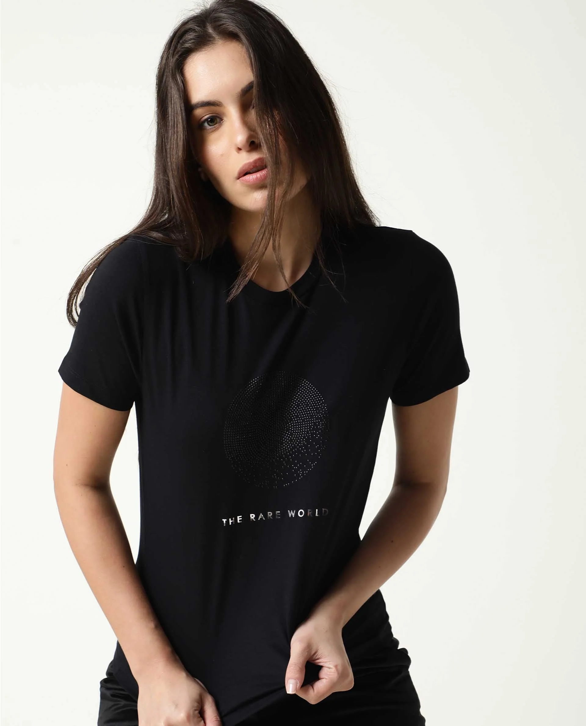 Rareism Womens Moya Black T-Shirt Cotton Fabric Regular Fit Half Sleeve Crew Neck - Image 6