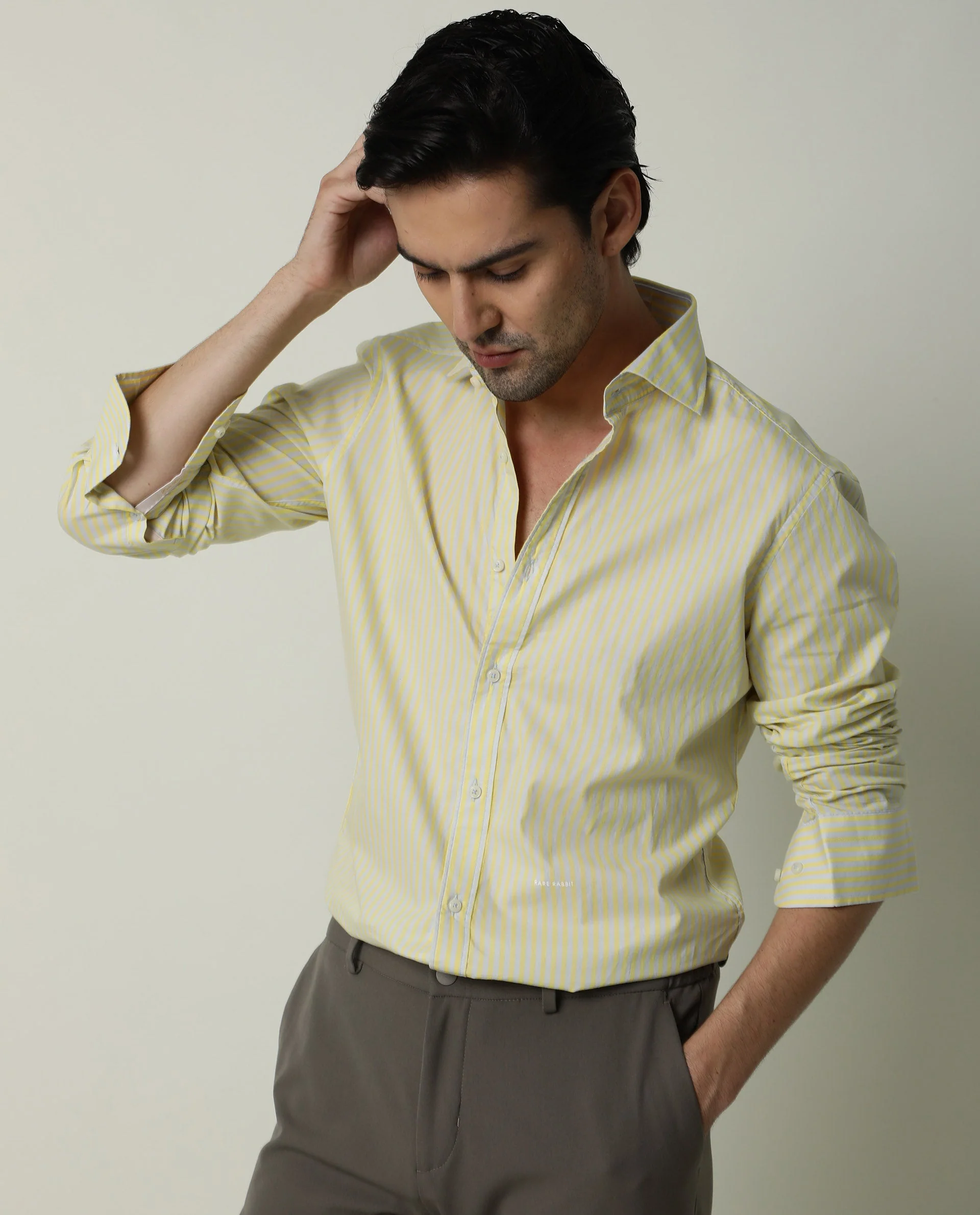 Rare Rabbit Men's Moye Yellow Cotton Checked Print Regular Fit Full Sleeve Spread Collar Shirt