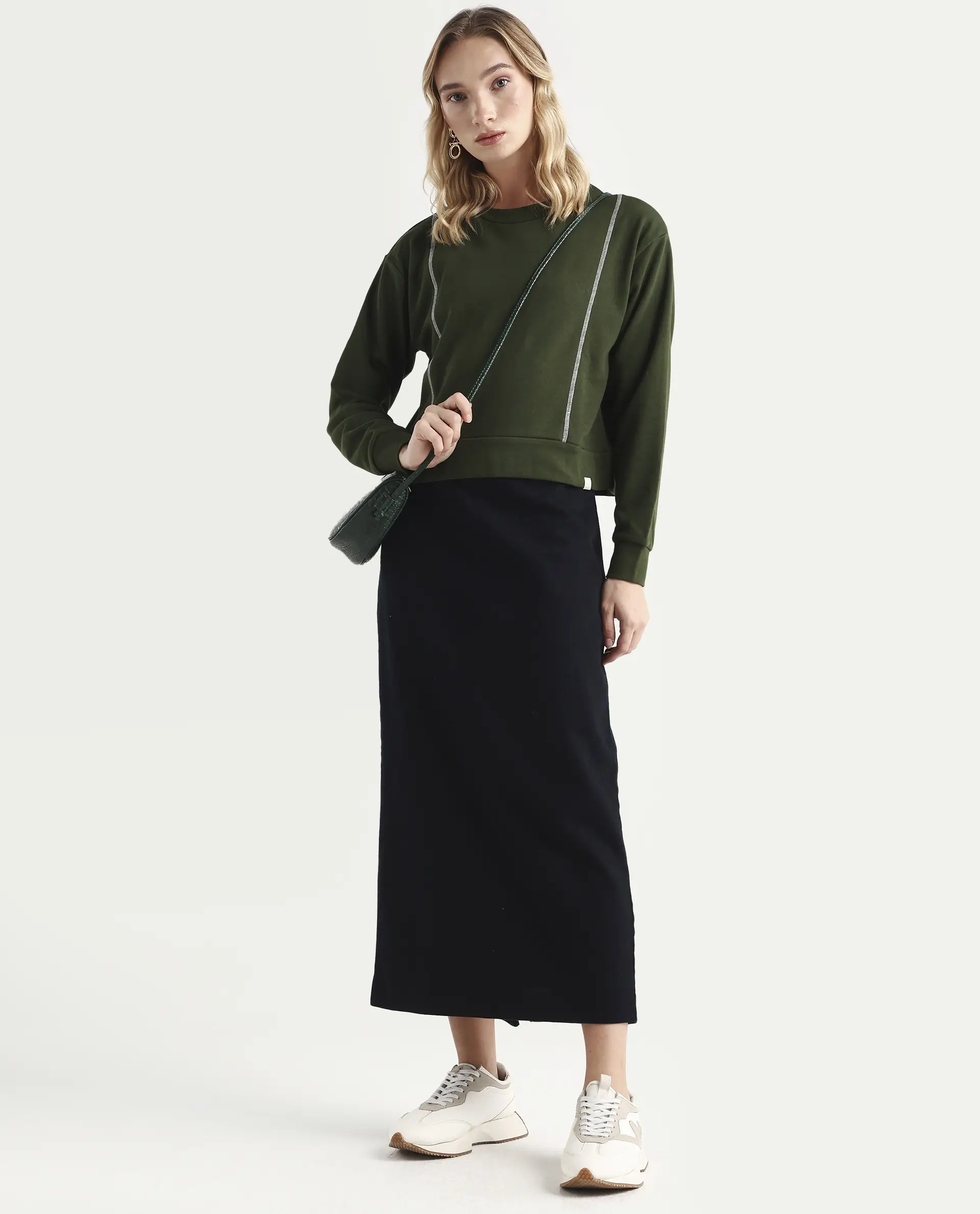 Rareism Women's Moye Olive Cotton Blend Crew Neck Plain Relaxed Fit Sweatshirt - Image 2