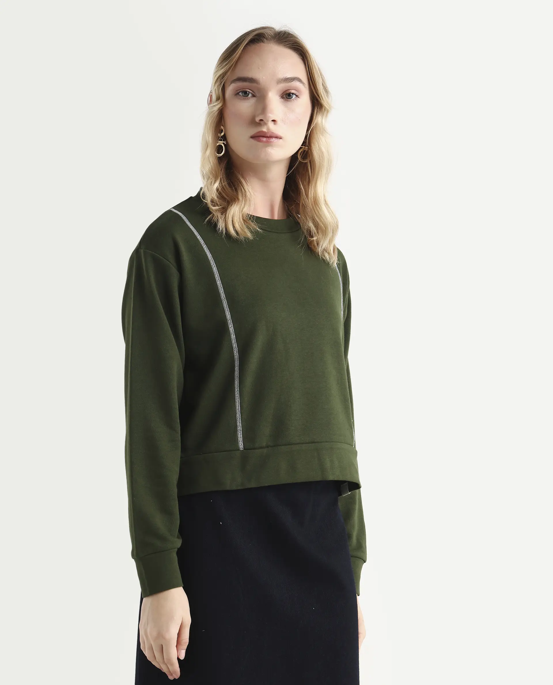 Rareism Women's Moye Olive Cotton Blend Crew Neck Plain Relaxed Fit Sweatshirt - Image 3