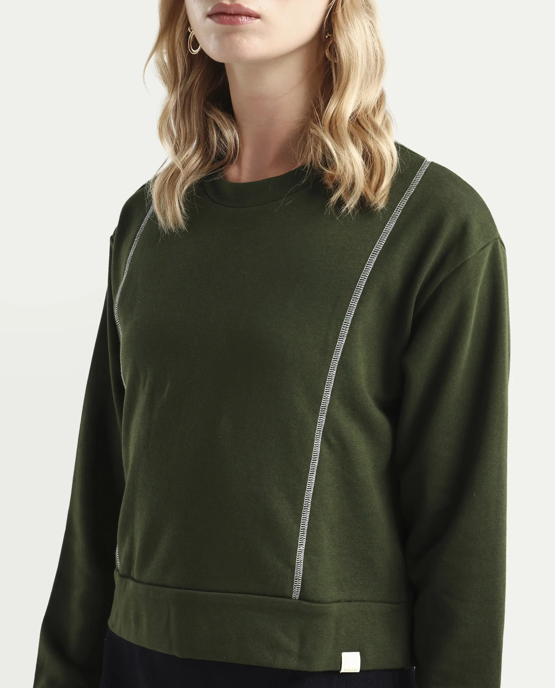 Rareism Women's Moye Olive Cotton Blend Crew Neck Plain Relaxed Fit Sweatshirt - Image 4
