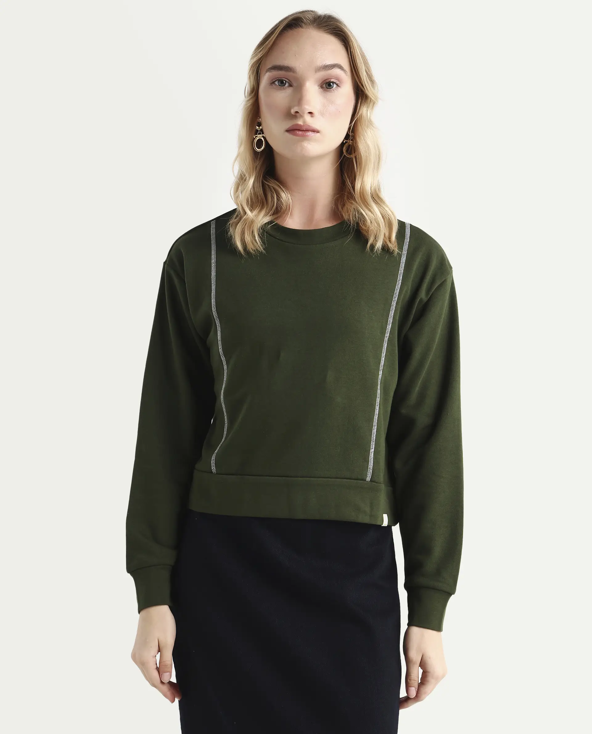 Rareism Women's Moye Olive Cotton Blend Crew Neck Plain Relaxed Fit Sweatshirt - Image 5
