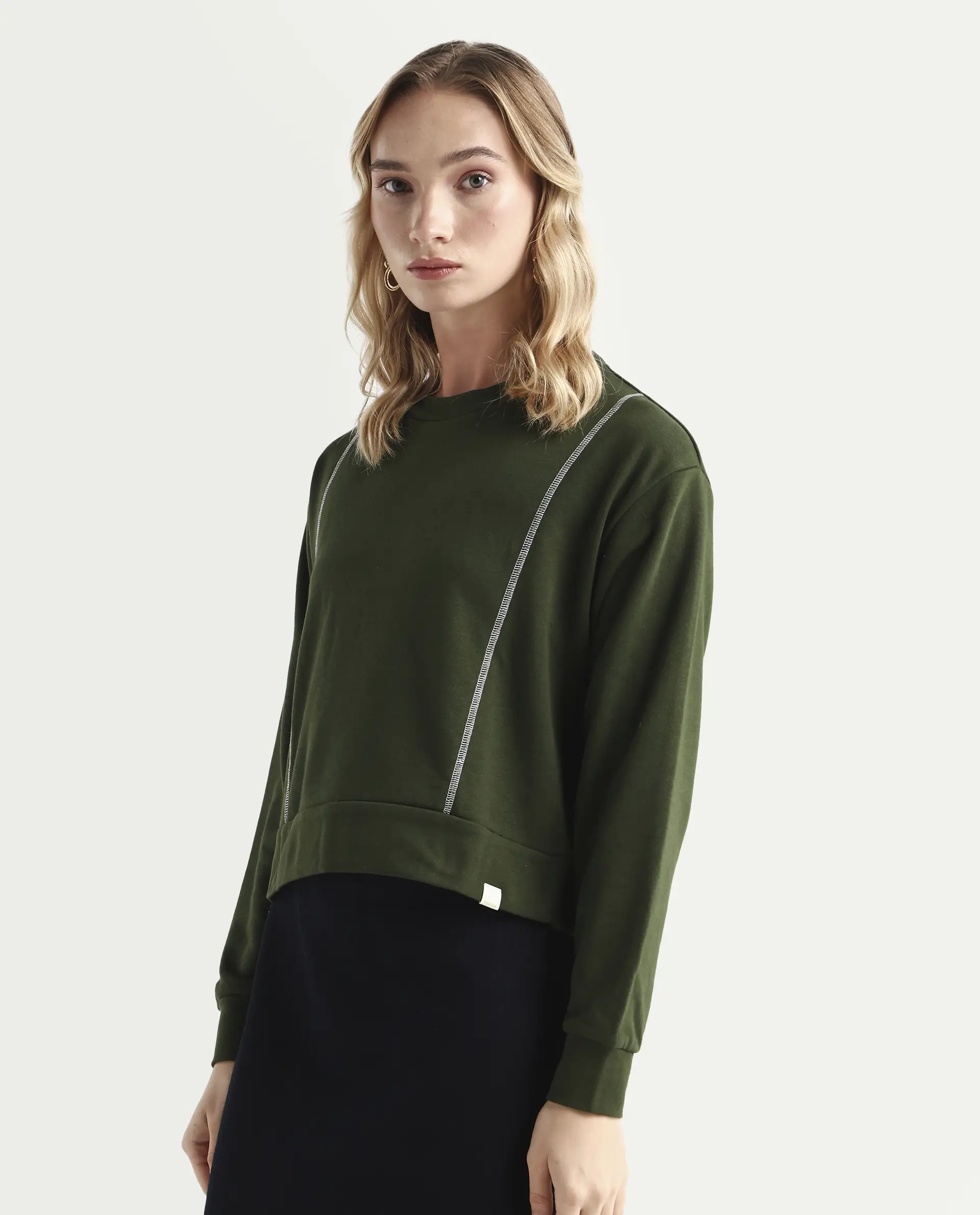 Rareism Women's Moye Olive Cotton Blend Crew Neck Plain Relaxed Fit Sweatshirt - Image 6