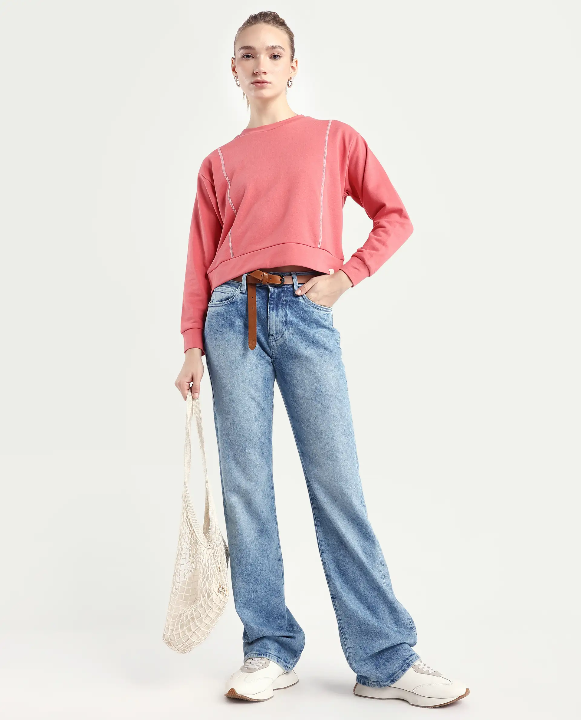 Rareism Women's Moye Pastel Red Cotton Blend Crew Neck Plain Relaxed Fit Sweatshirt - Image 2
