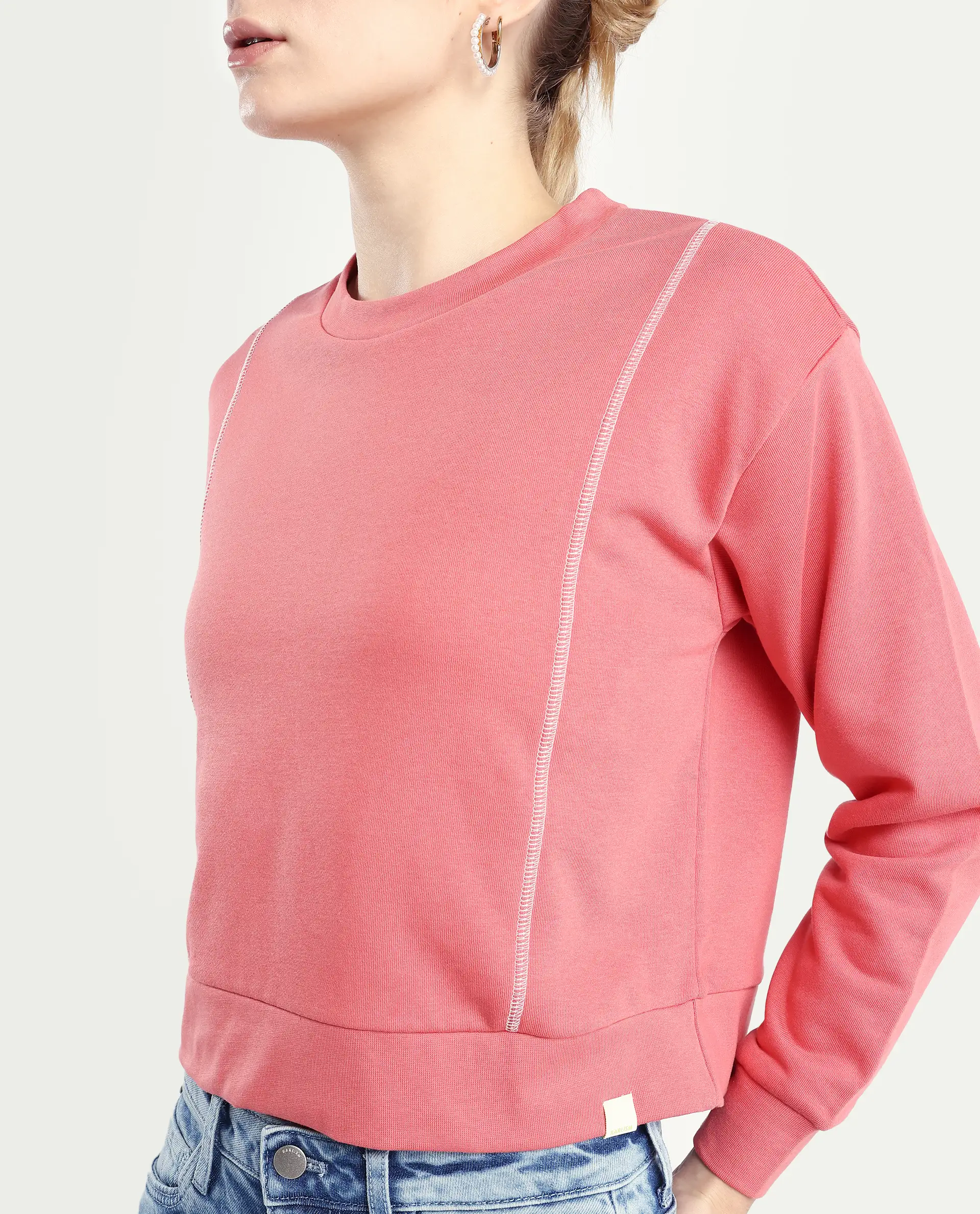 Rareism Women's Moye Pastel Red Cotton Blend Crew Neck Plain Relaxed Fit Sweatshirt - Image 3