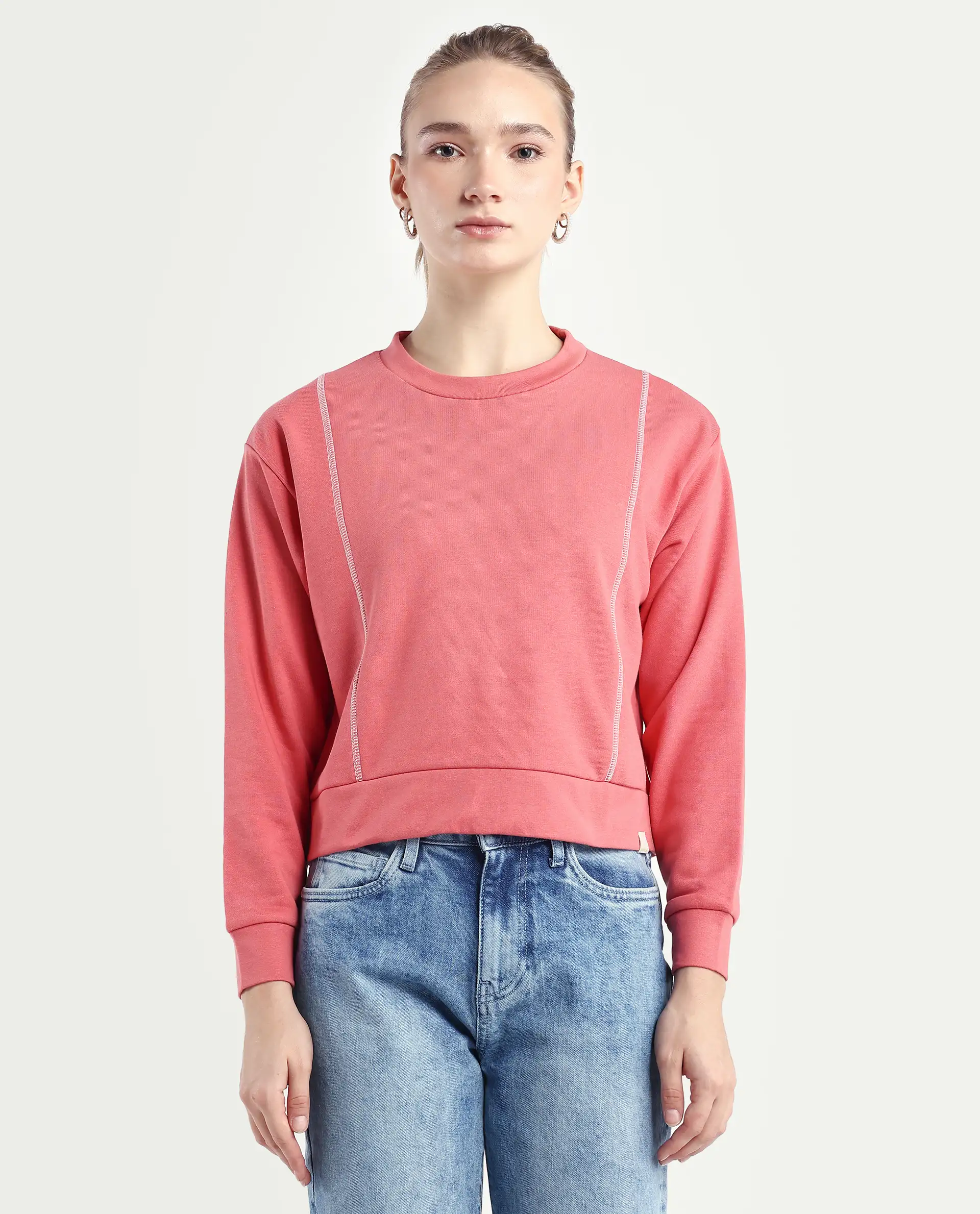 Rareism Women's Moye Pastel Red Cotton Blend Crew Neck Plain Relaxed Fit Sweatshirt - Image 4