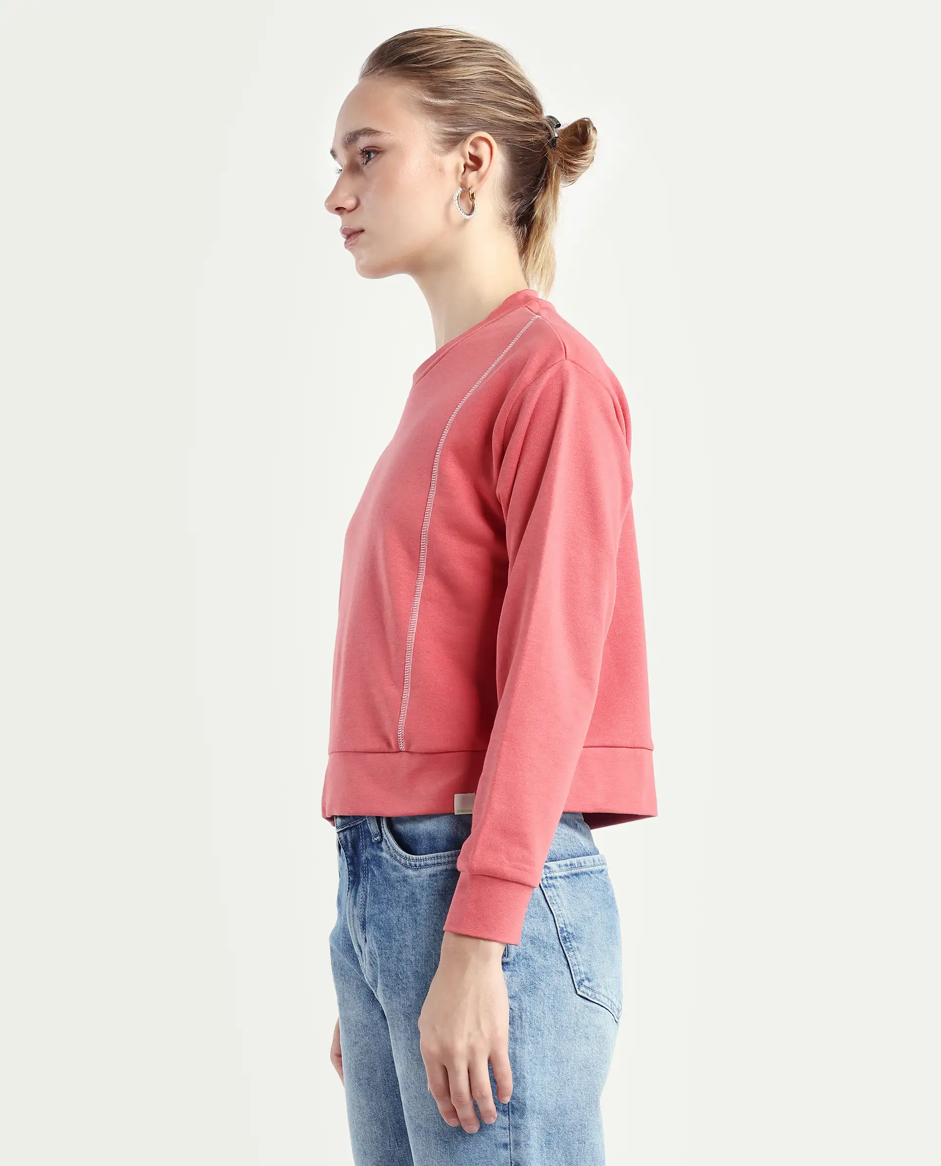 Rareism Women's Moye Pastel Red Cotton Blend Crew Neck Plain Relaxed Fit Sweatshirt - Image 5