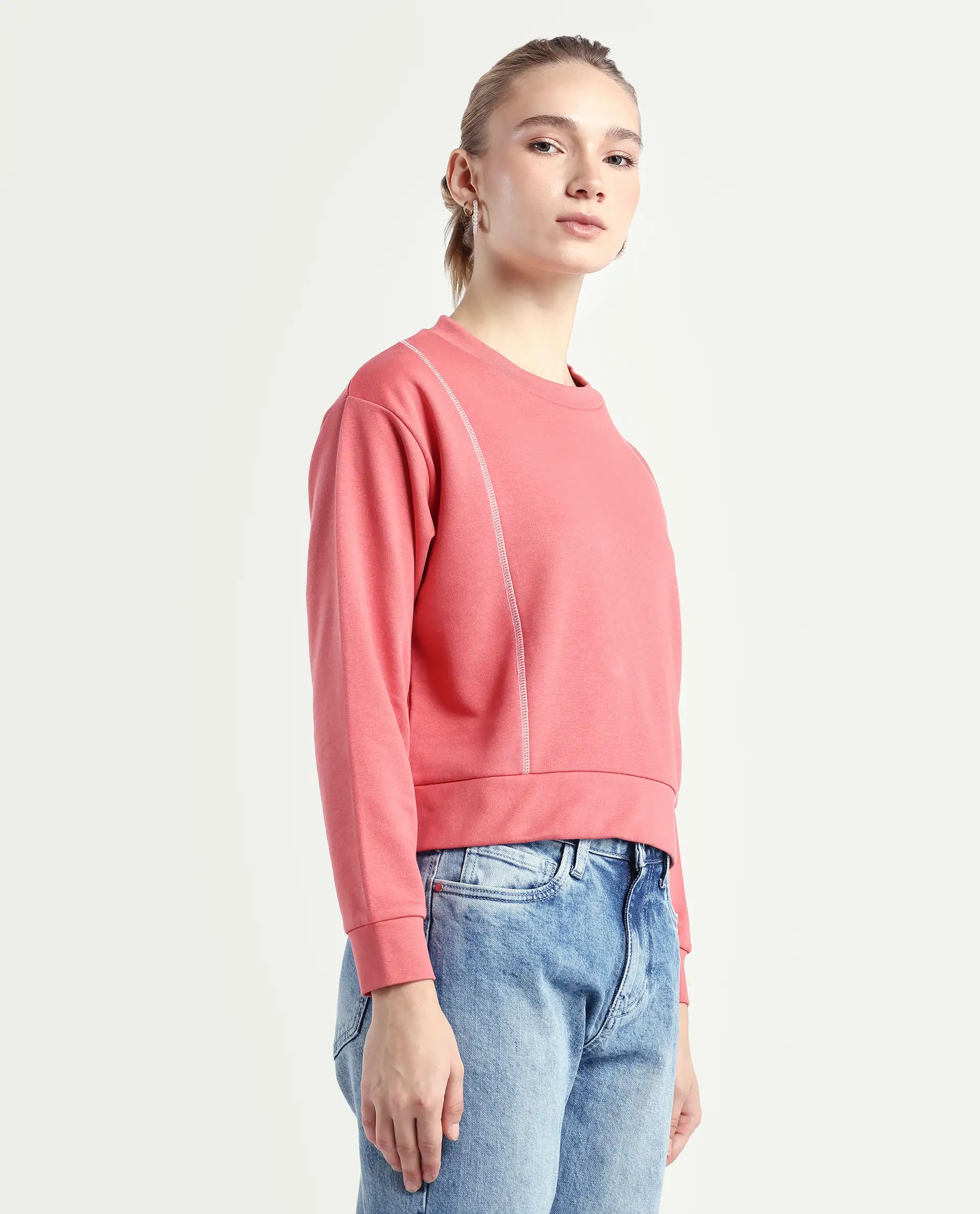 Rareism Women's Moye Pastel Red Cotton Blend Crew Neck Plain Relaxed Fit Sweatshirt - Image 6