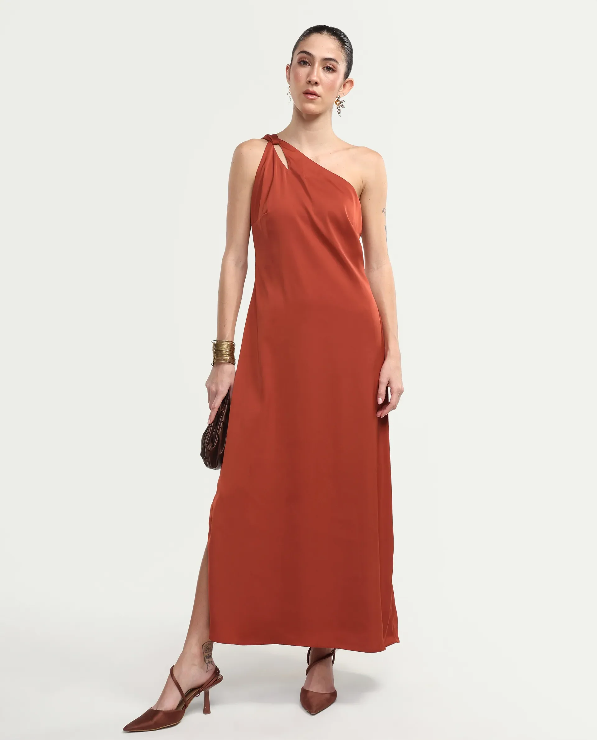 Rareism Women's Mrap Rust Polyester Sleeveless One Shoulder Straight Dress - Image 2