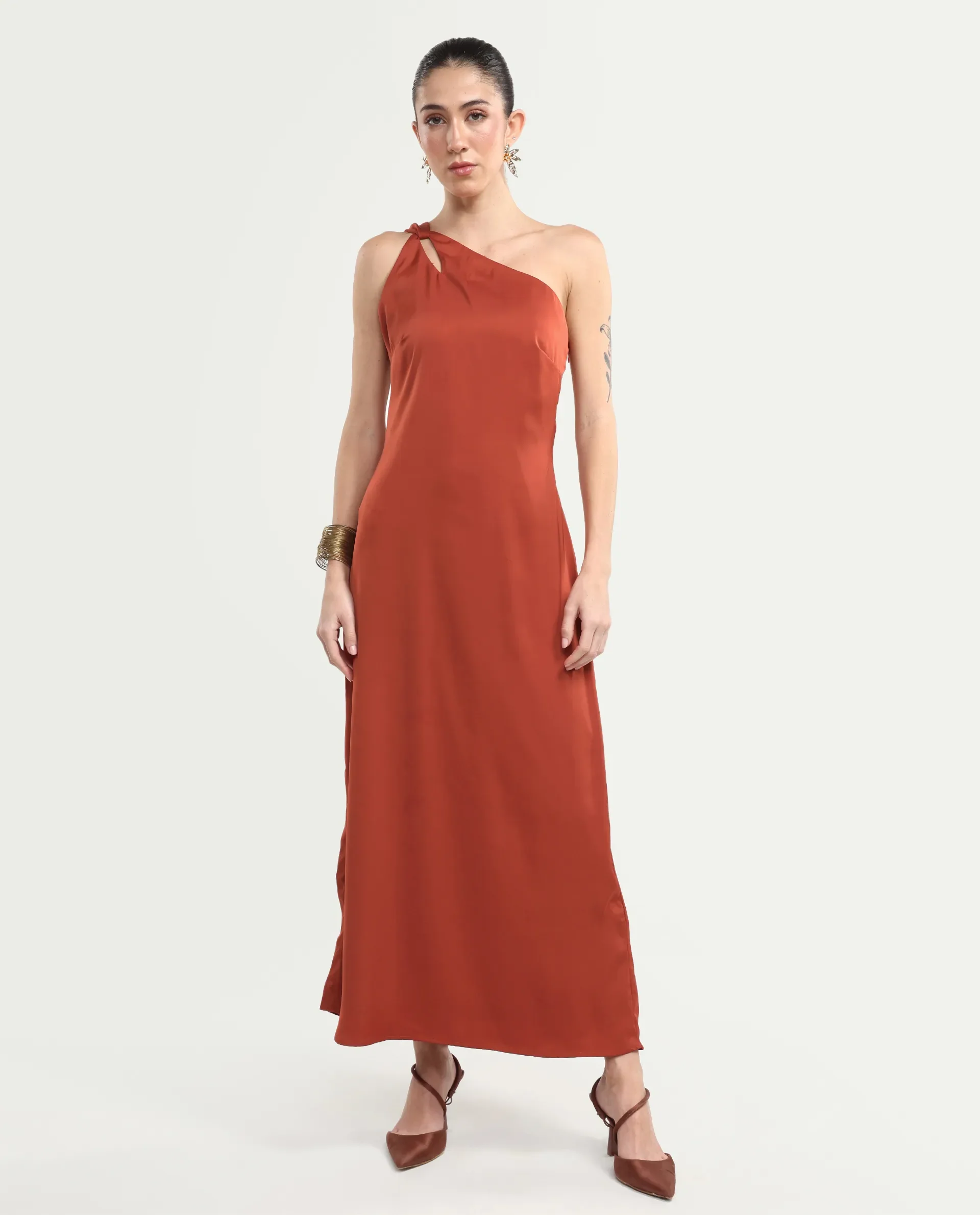 Rareism Women's Mrap Rust Polyester Sleeveless One Shoulder Straight Dress - Image 4