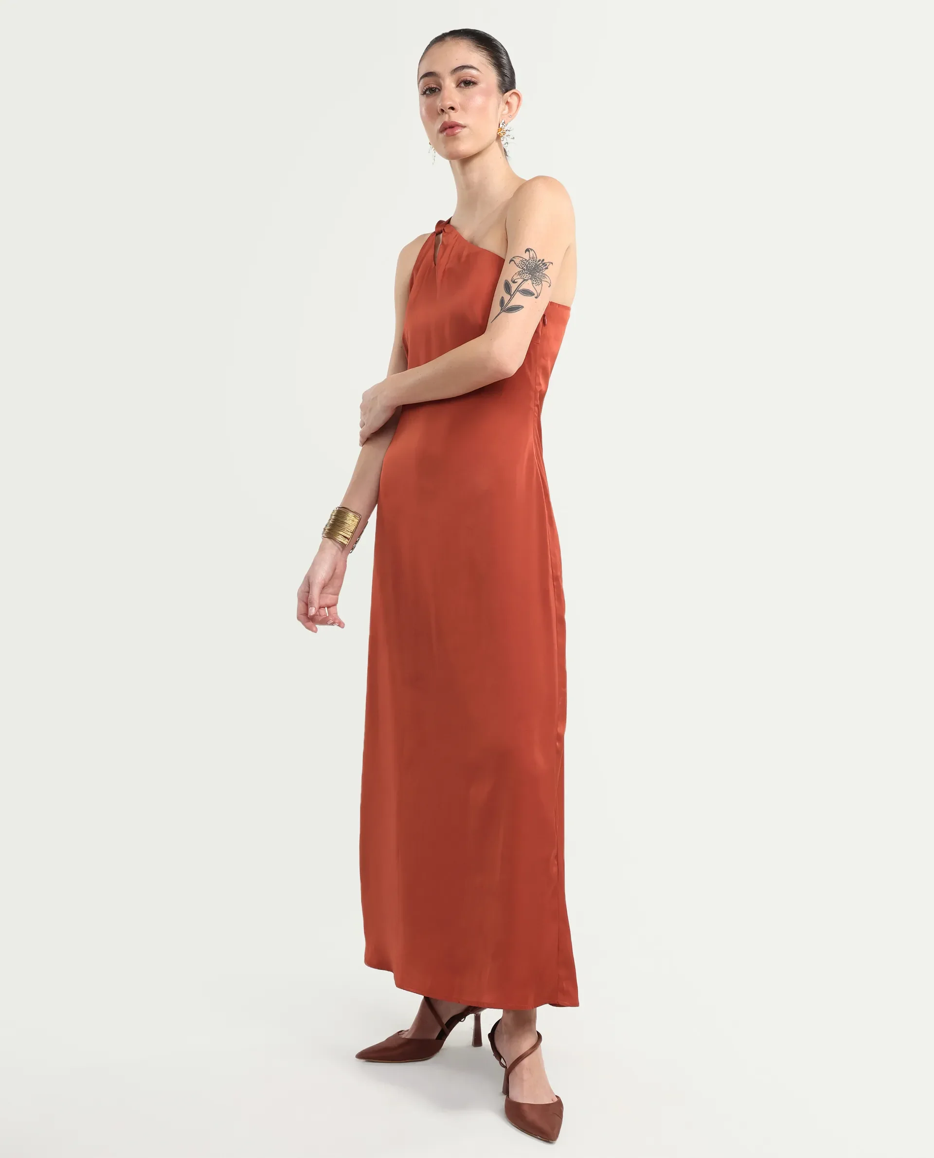 Rareism Women's Mrap Rust Polyester Sleeveless One Shoulder Straight Dress - Image 5
