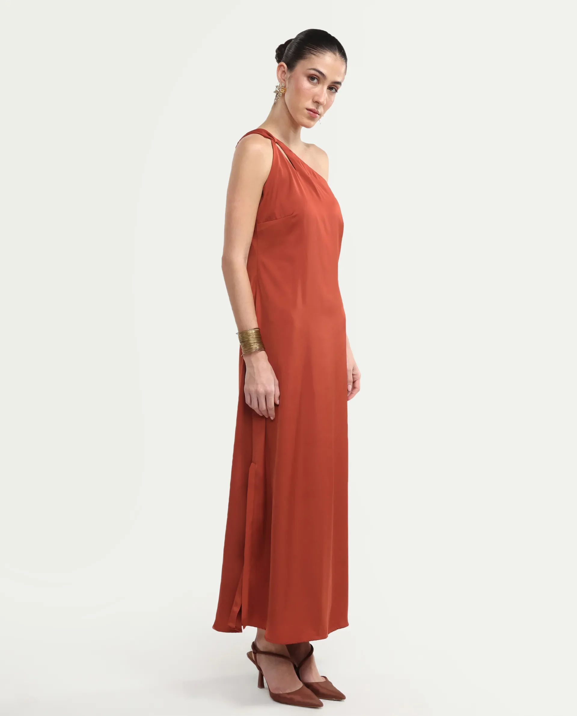 Rareism Women's Mrap Rust Polyester Sleeveless One Shoulder Straight Dress - Image 6