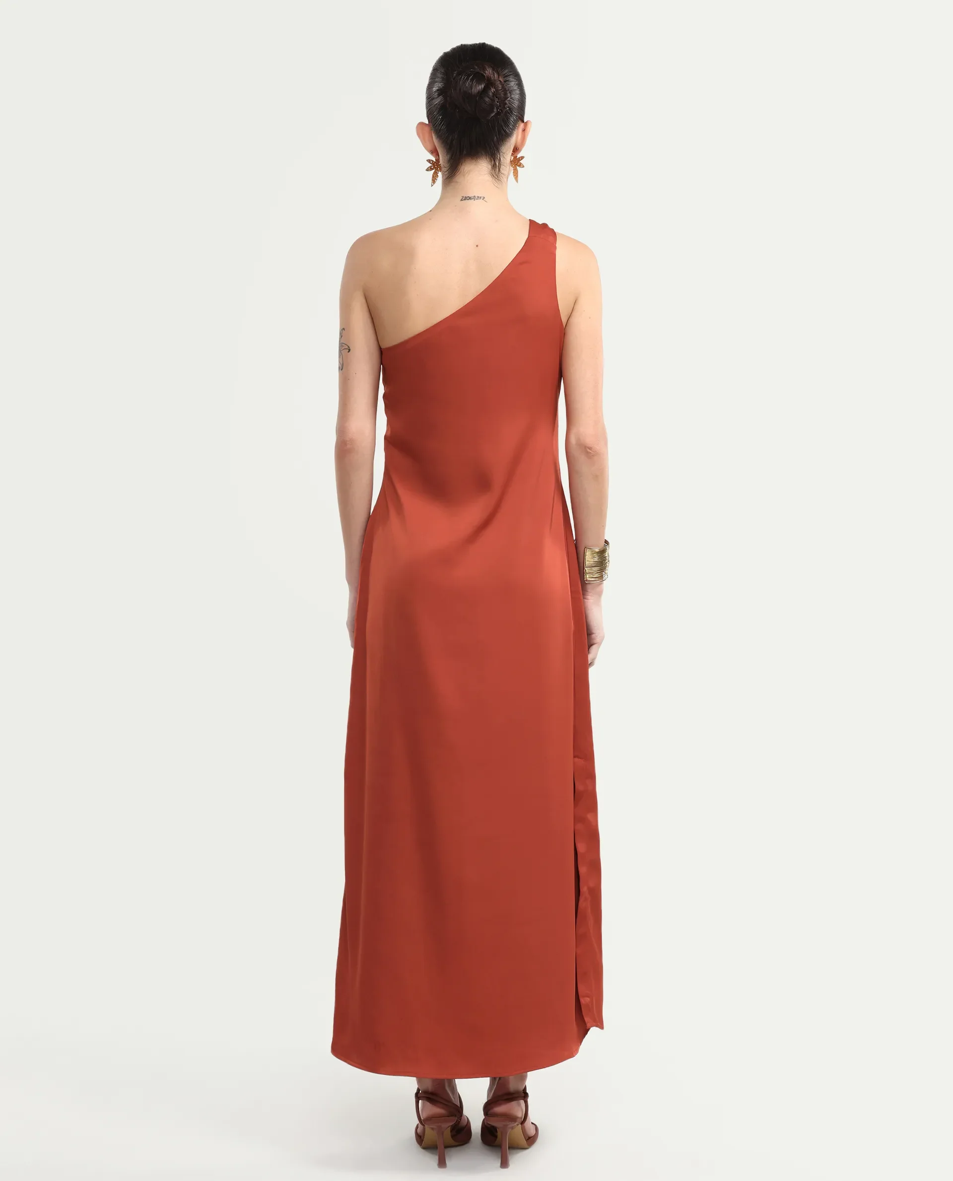Rareism Women's Mrap Rust Polyester Sleeveless One Shoulder Straight Dress - Image 7