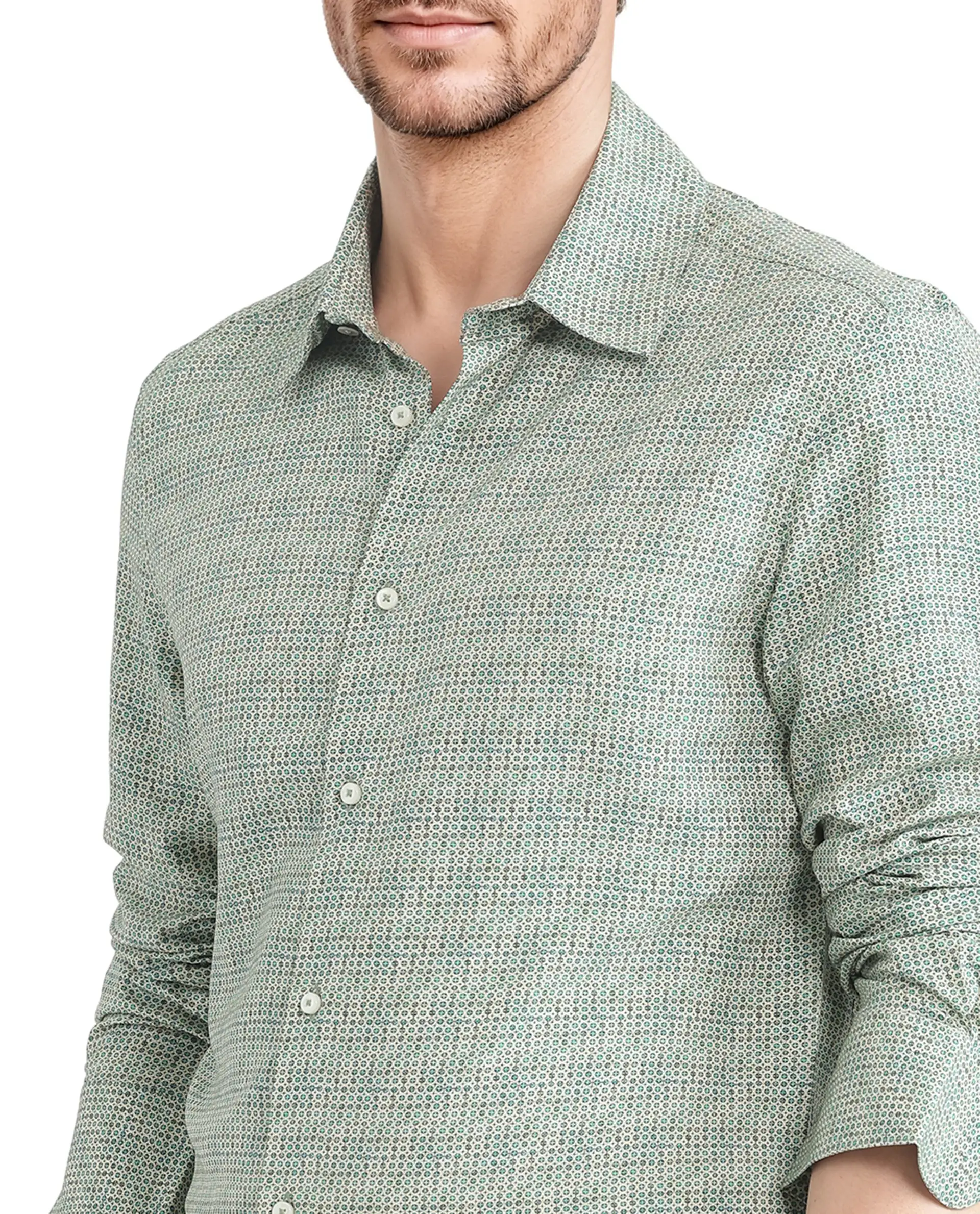Rare Rabbit Men's Msey Green Viscose Geometric Print Relaxed Fit Full Sleeve Collared Shirt - Image 2