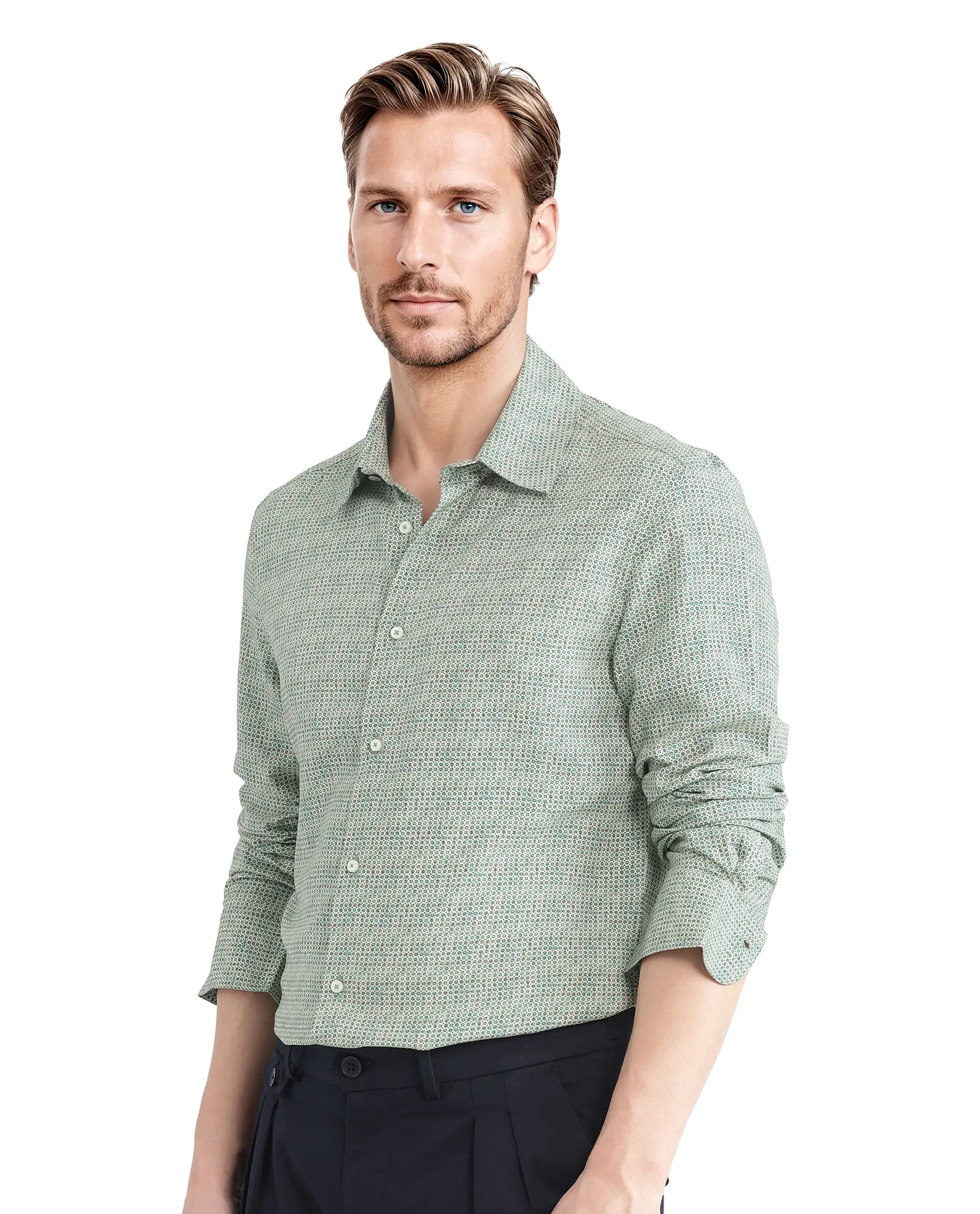 Rare Rabbit Men's Msey Green Viscose Geometric Print Relaxed Fit Full Sleeve Collared Shirt - Image 3