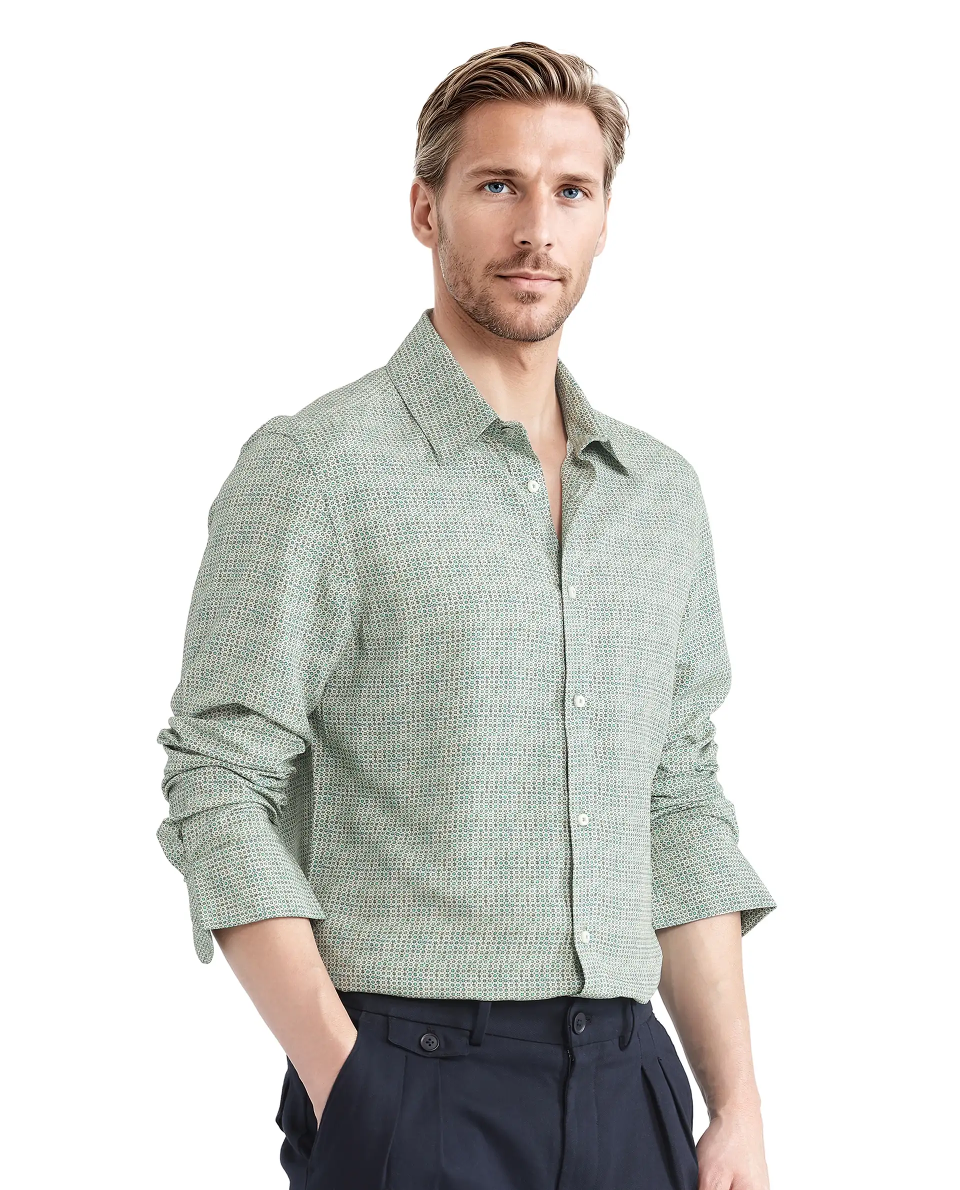 Rare Rabbit Men's Msey Green Viscose Geometric Print Relaxed Fit Full Sleeve Collared Shirt - Image 4
