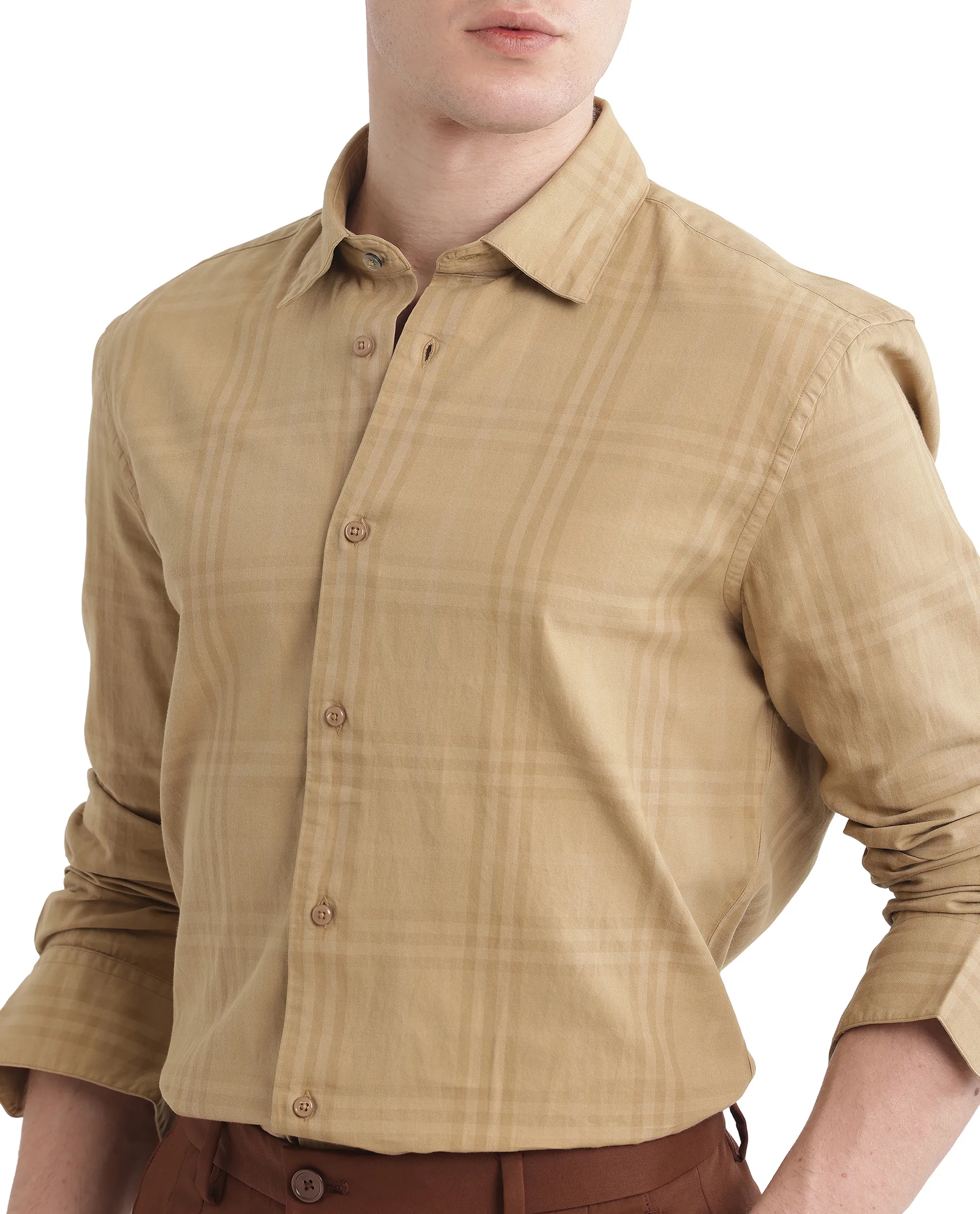 Rare Rabbit Men's Mucia Beige Cotton Checked Print Regular Fit Full Sleeve Collared Shirt - Image 4