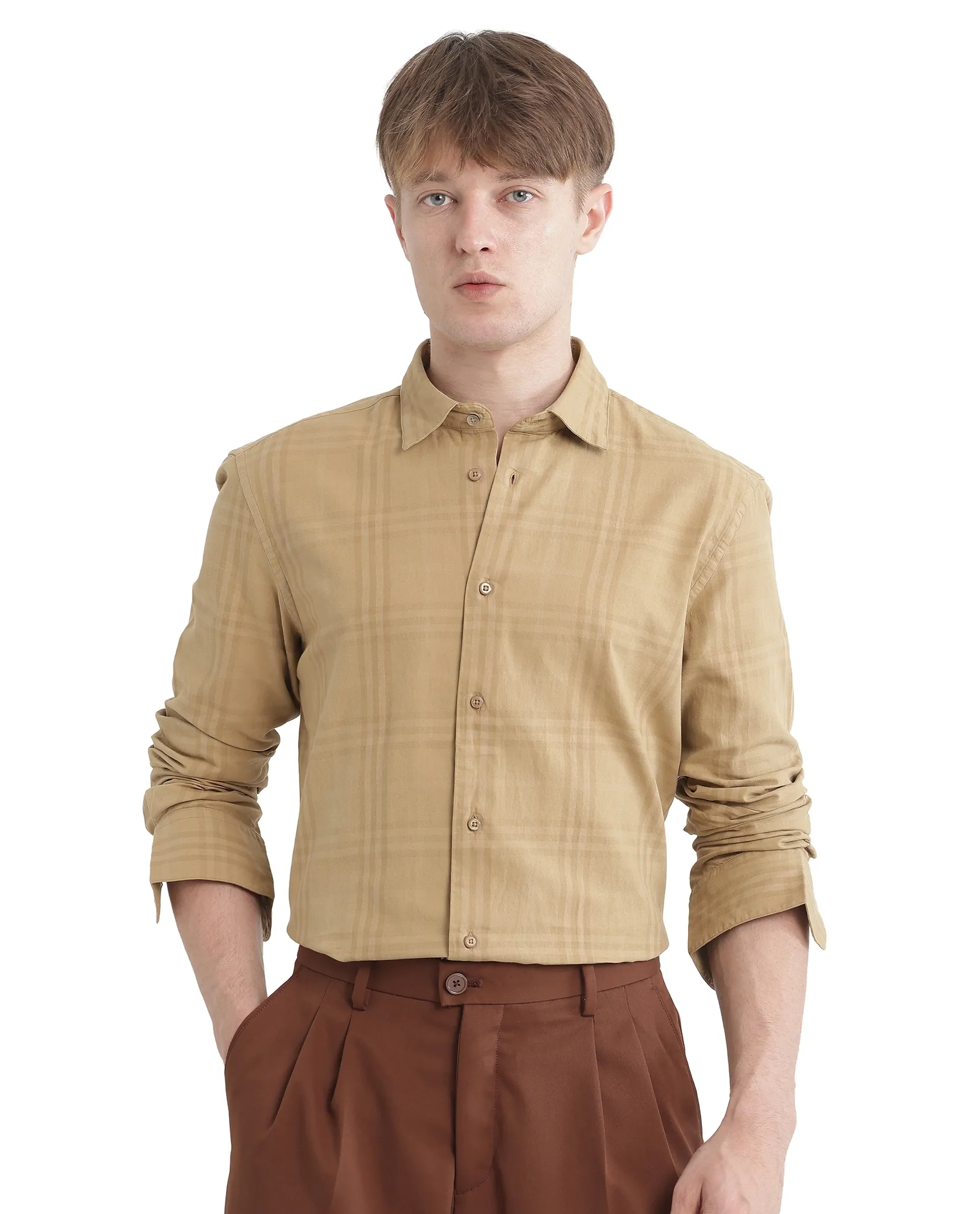 Rare Rabbit Men's Mucia Beige Cotton Checked Print Regular Fit Full Sleeve Collared Shirt - Image 6