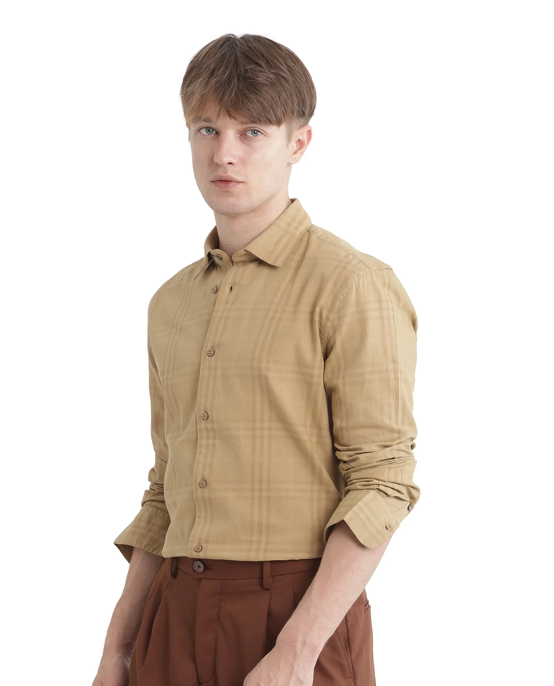 Rare Rabbit Men's Mucia Beige Cotton Checked Print Regular Fit Full Sleeve Collared Shirt - Image 7
